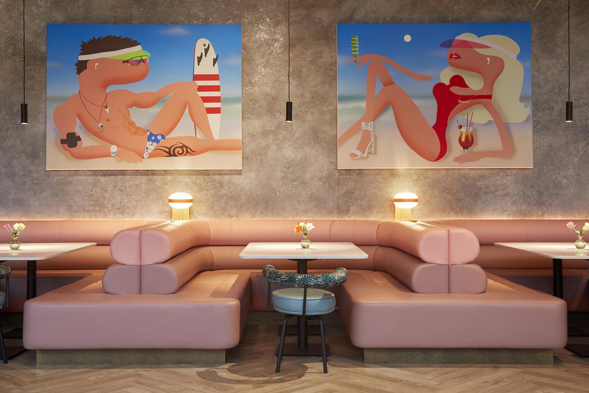 Vibrant Miami-inspired decor featuring playful art, plush seating, and stylish lighting in Bondi Green dining venue.