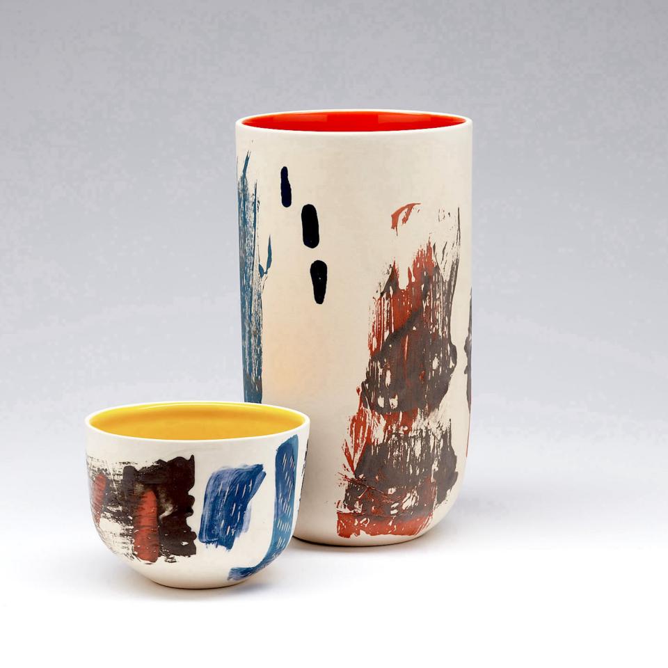 Contemporary ceramic vases with colorful abstract patterns, showcased at the Great Northern Contemporary Craft Fair in Manchester.