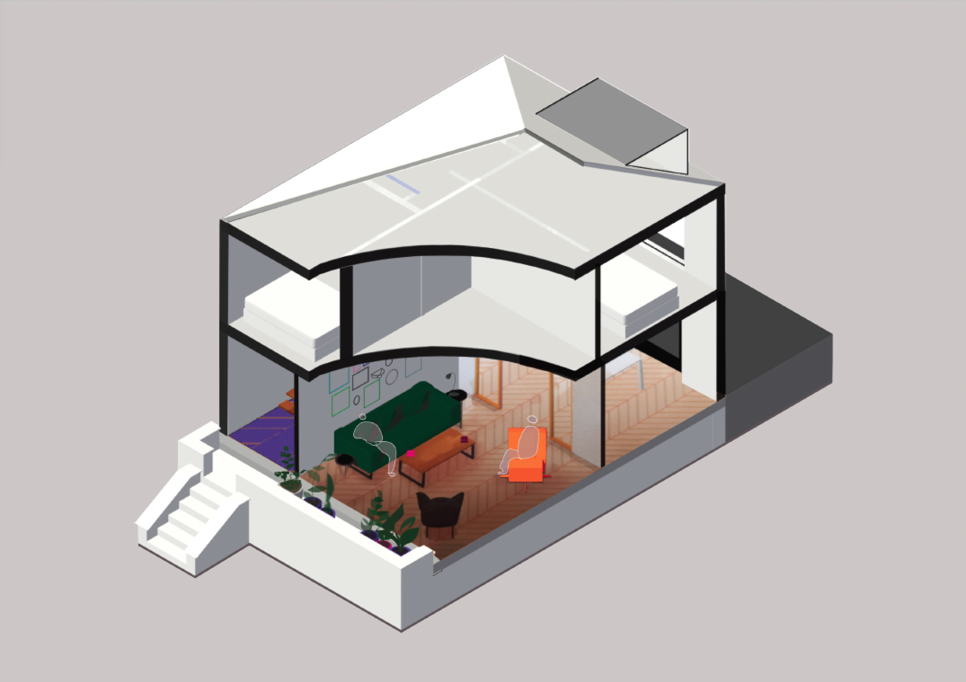 Contemporary architectural design showcasing an open interior layout with minimal furnishings and vibrant accent colors.