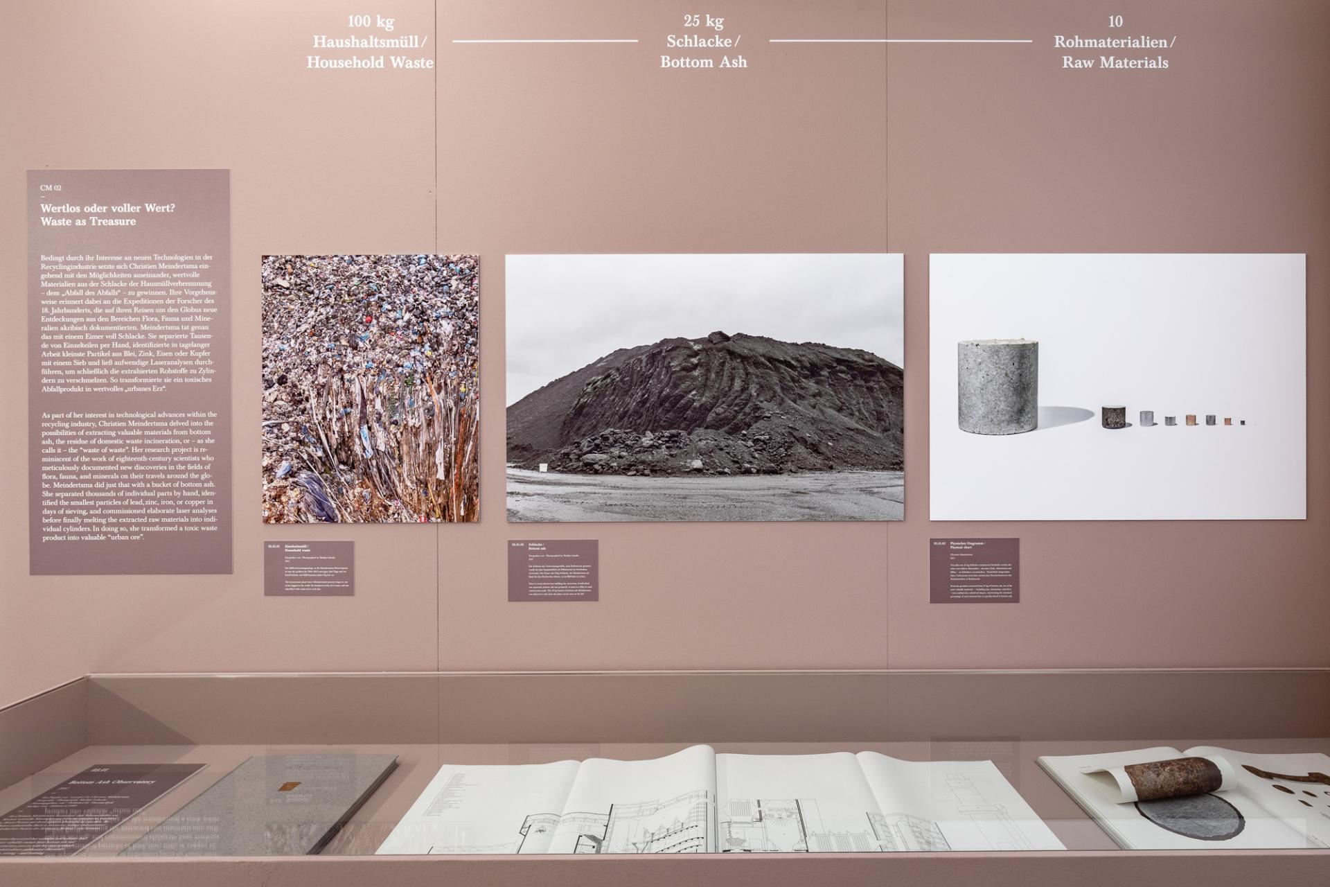 Exhibition display featuring Christien Meindertsma's work, showcasing household waste, bottom ash, and raw materials in Vitra Design Museum.