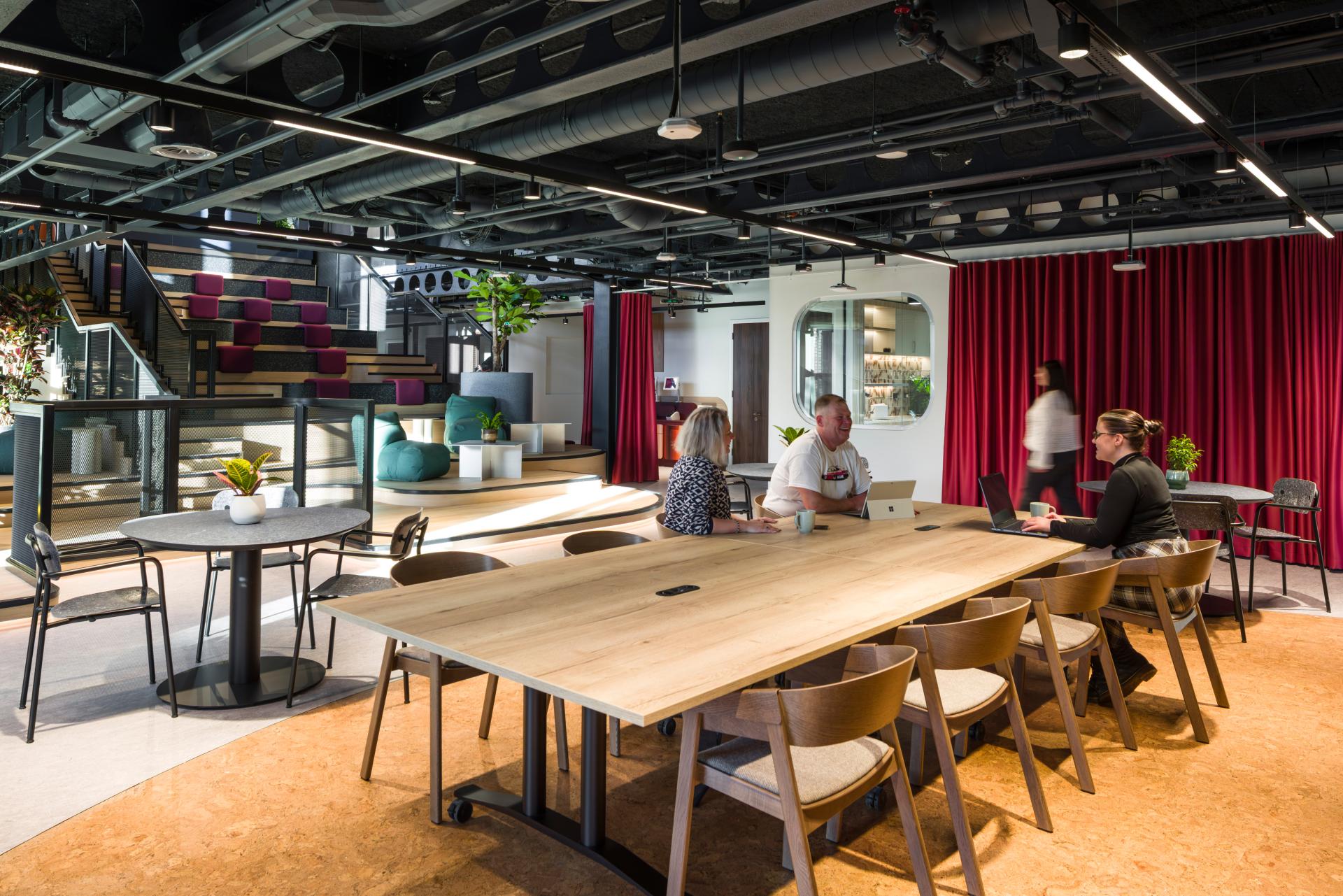 SpaceInvader's workplace scheme for Virgin Media O2 balances vibrancy with variety to support congregation and calm.