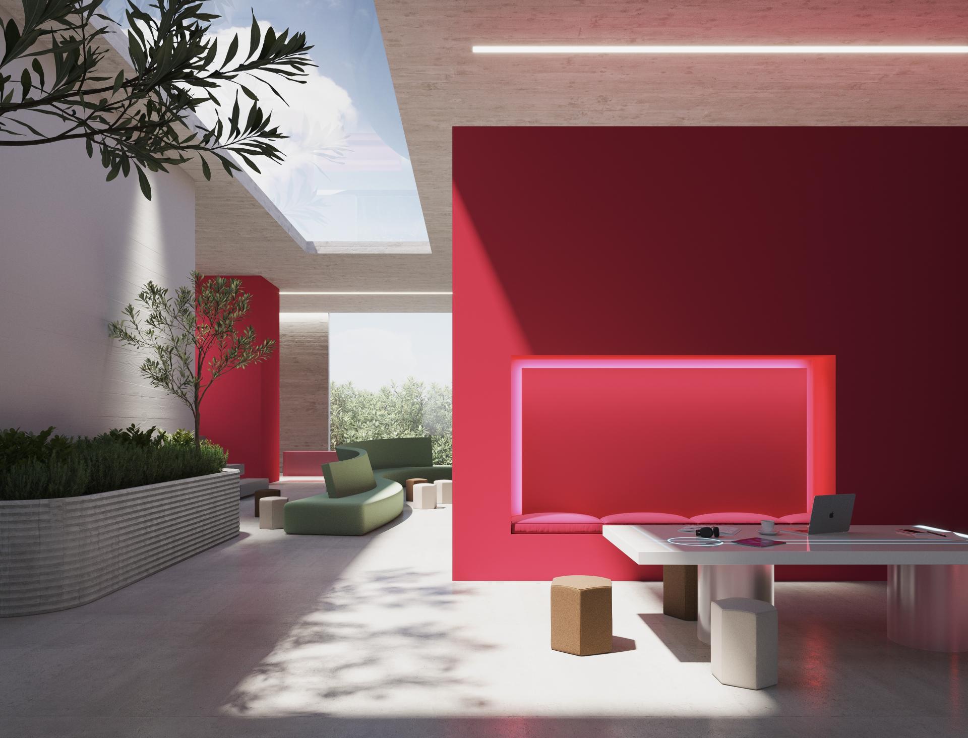 Modern interior featuring Ultrafabrics colors, with vibrant red walls, minimalist furniture, and natural light streaming in.