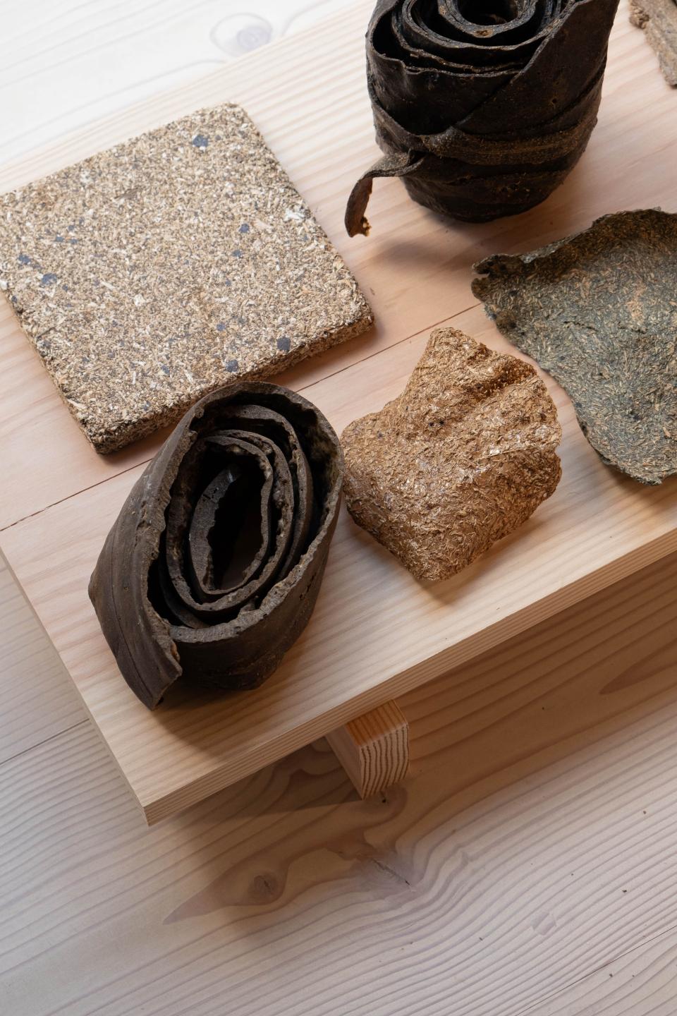 Various innovative wood materials displayed on a wooden surface, showcasing sustainable design in architecture.