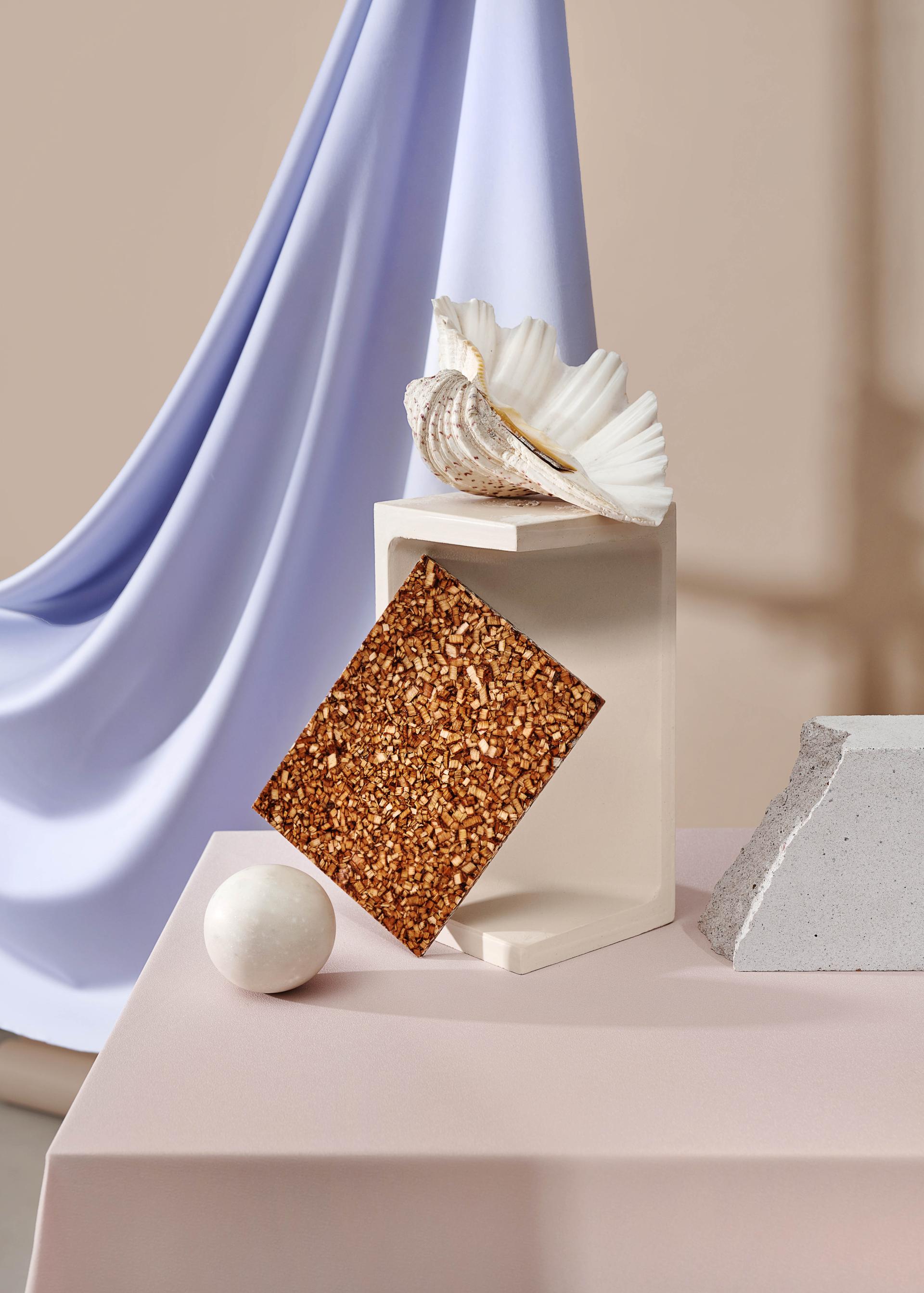 A decorative display featuring a wood composite panel, seashell, and geometric shapes on a soft pastel surface.