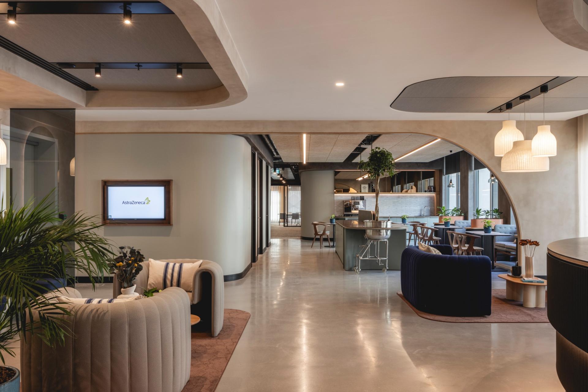 Elegant Art Deco-inspired workspace featuring soft curves, modern furnishings, and a calming atmosphere designed by Ekho Studio.