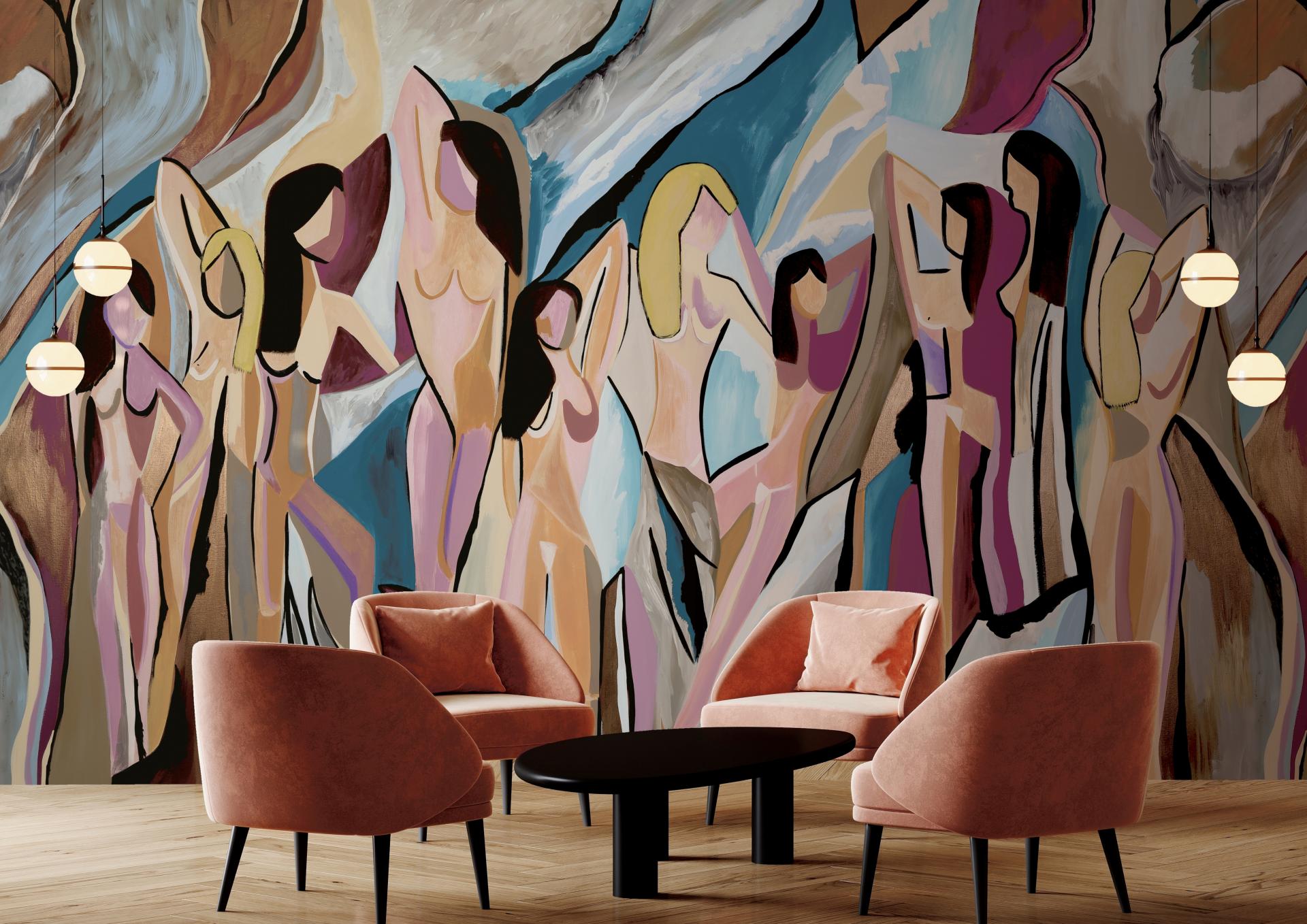Vibrant mural featuring abstract figures in earthy tones, enhancing the artistic ambiance of a modern interior space.