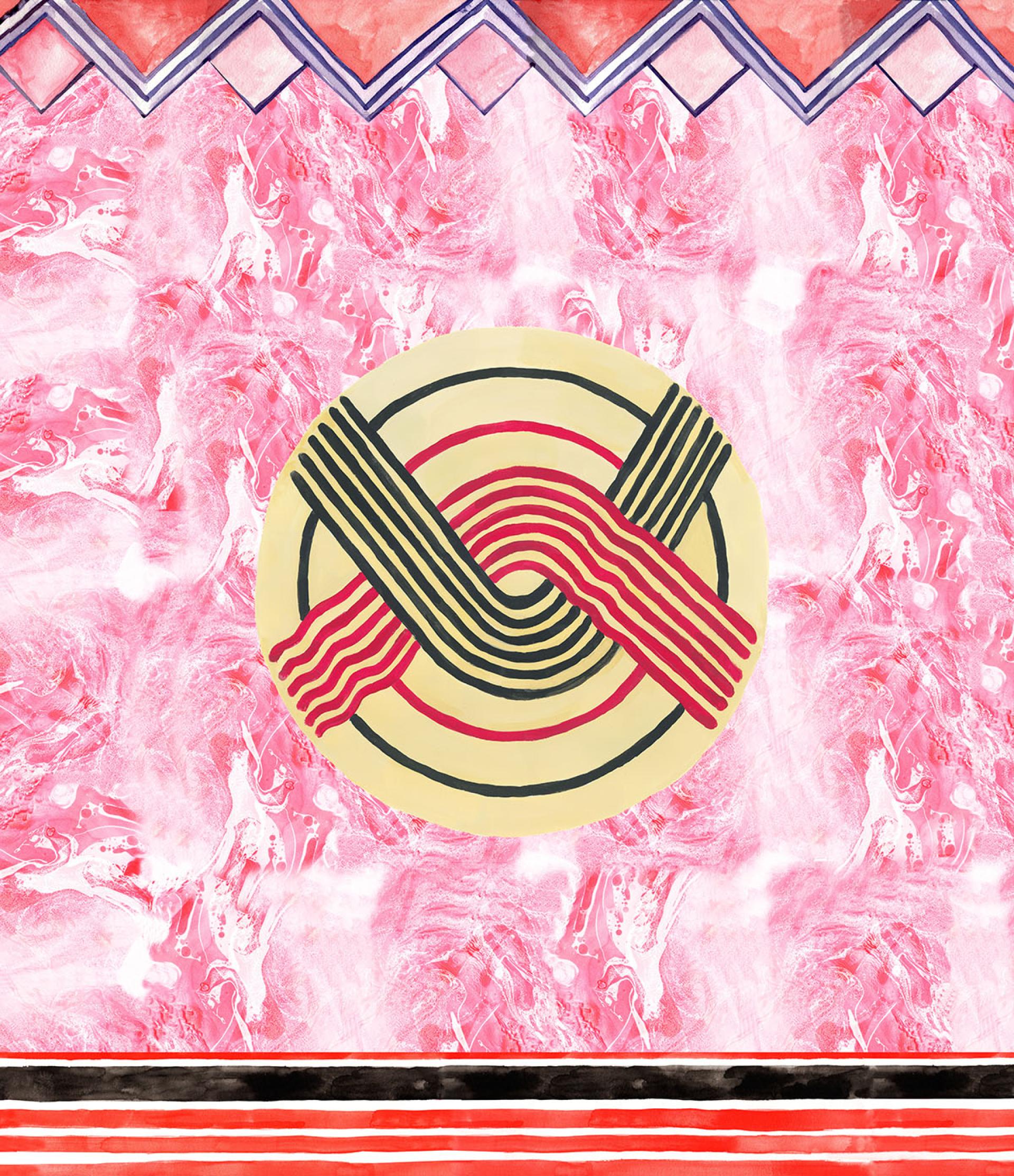 Colorful abstract artwork featuring a circular design with intersecting lines on a vibrant pink marbled background.