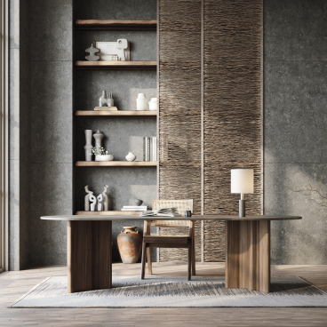 Modern interior featuring Cosentino's Dekton® Pietra Kode for a stylish workspace with wooden furniture and decorative accents.