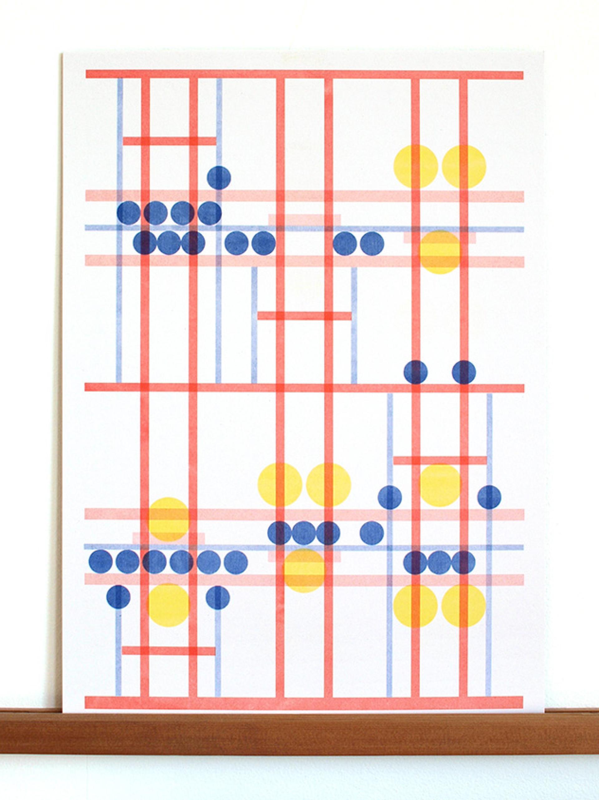 Colorful abstract design featuring circular and linear patterns in blue, yellow, and red showcased at Material Source Studio Glasgow.