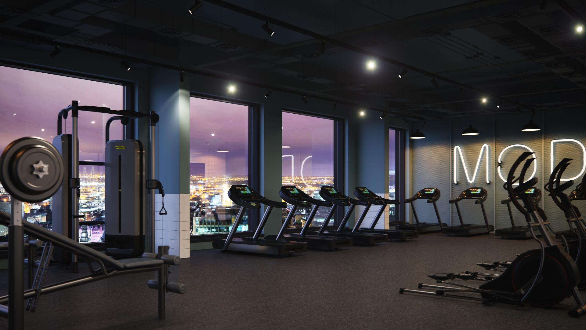 Modern fitness room at Moda's Holland Park in Glasgow, featuring treadmills and scenic city views.