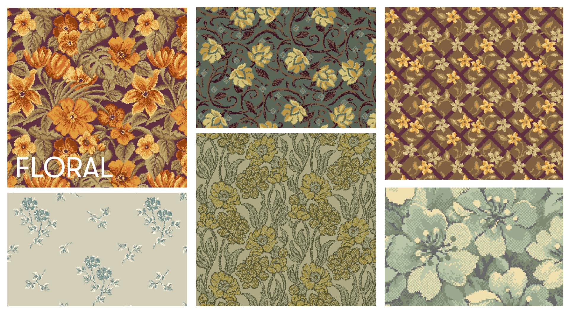 Bespoke carpet designs featuring floral patterns showcasing vibrant colors and intricate textures for unique interior styles.