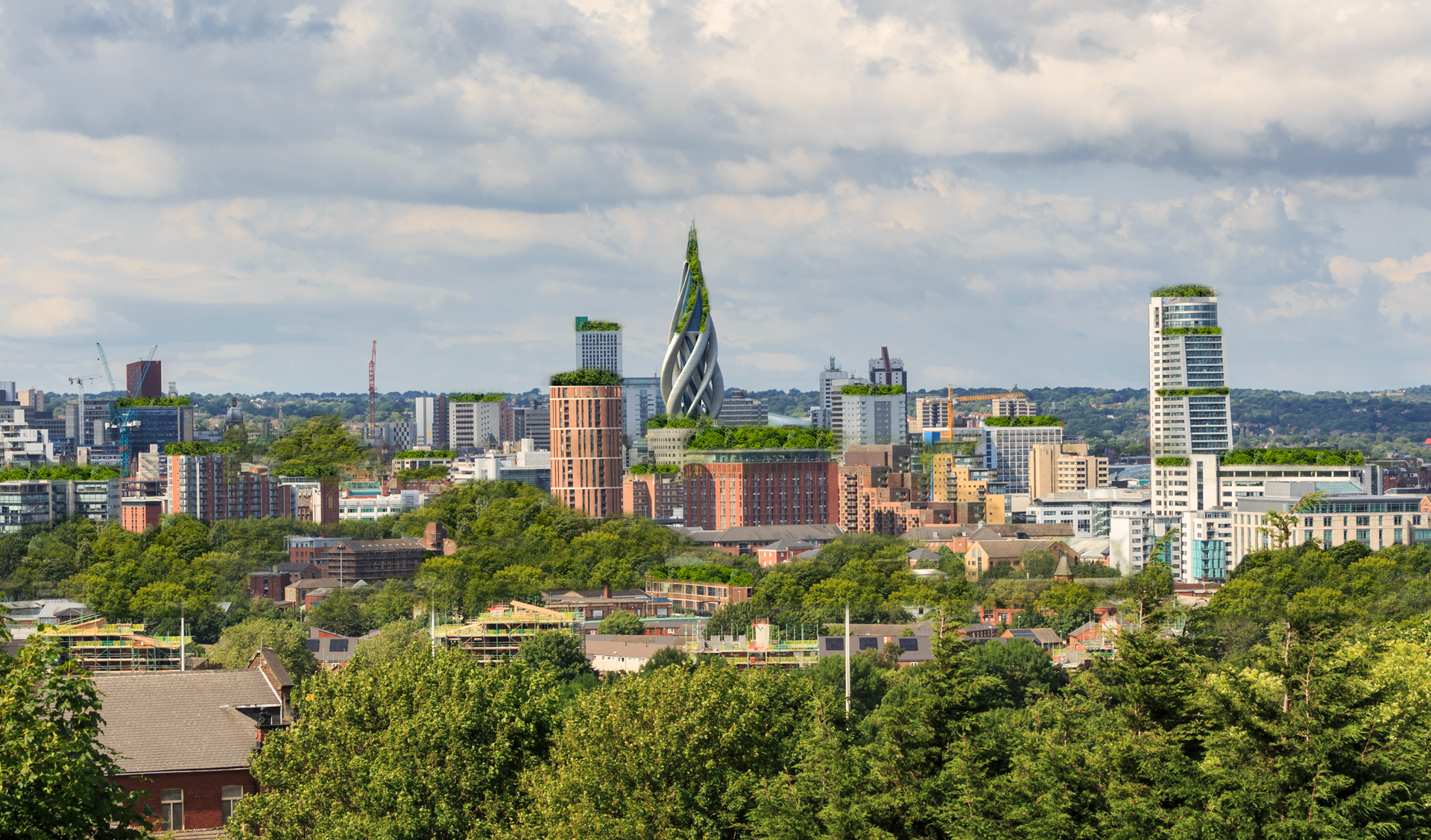 Modern city skyline featuring eco-friendly buildings with greenery integrated into architecture, highlighting sustainable urban development.