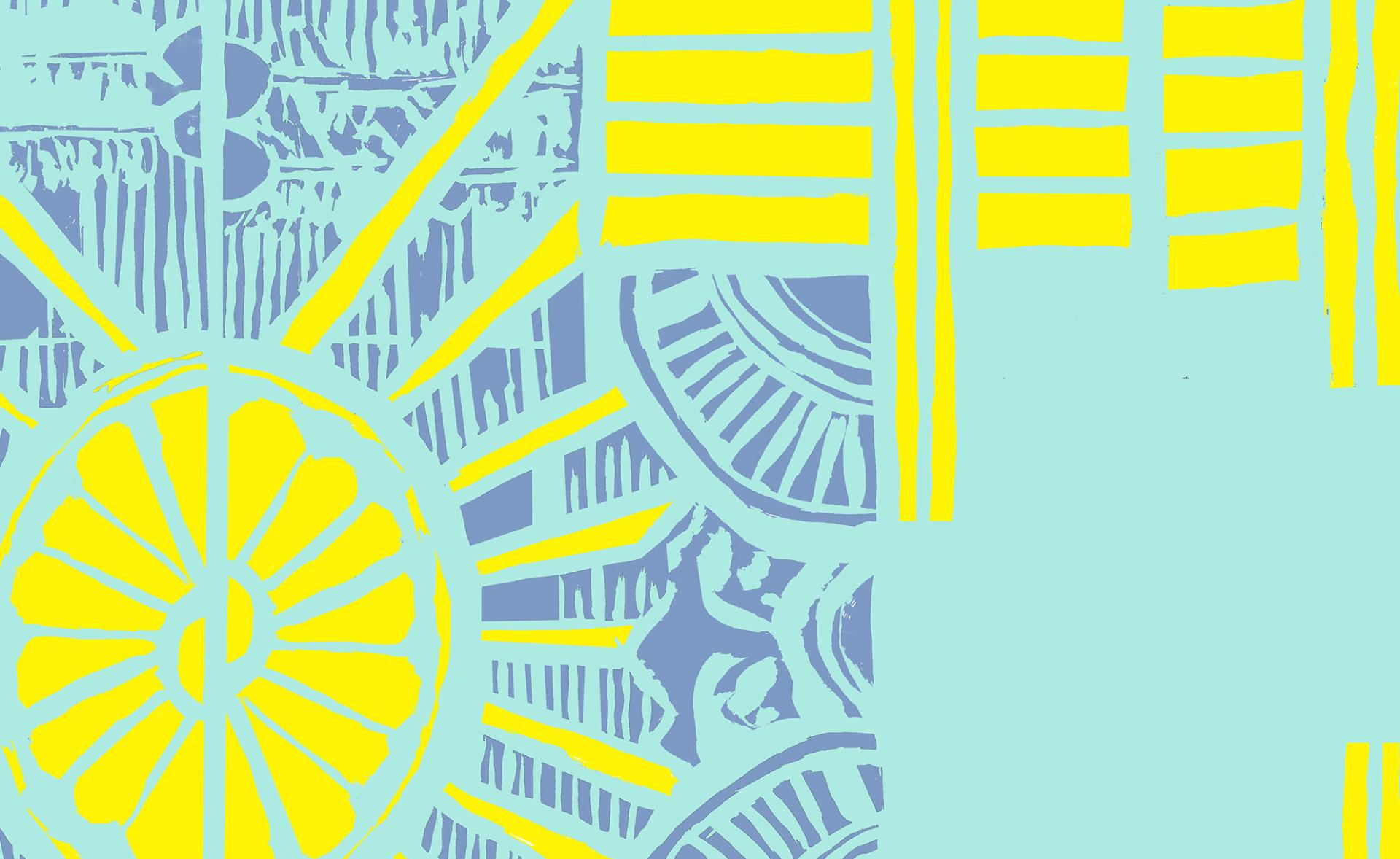 Colorful abstract artwork featuring sun motifs and geometric patterns, reflecting themes of northern seaside town revival.