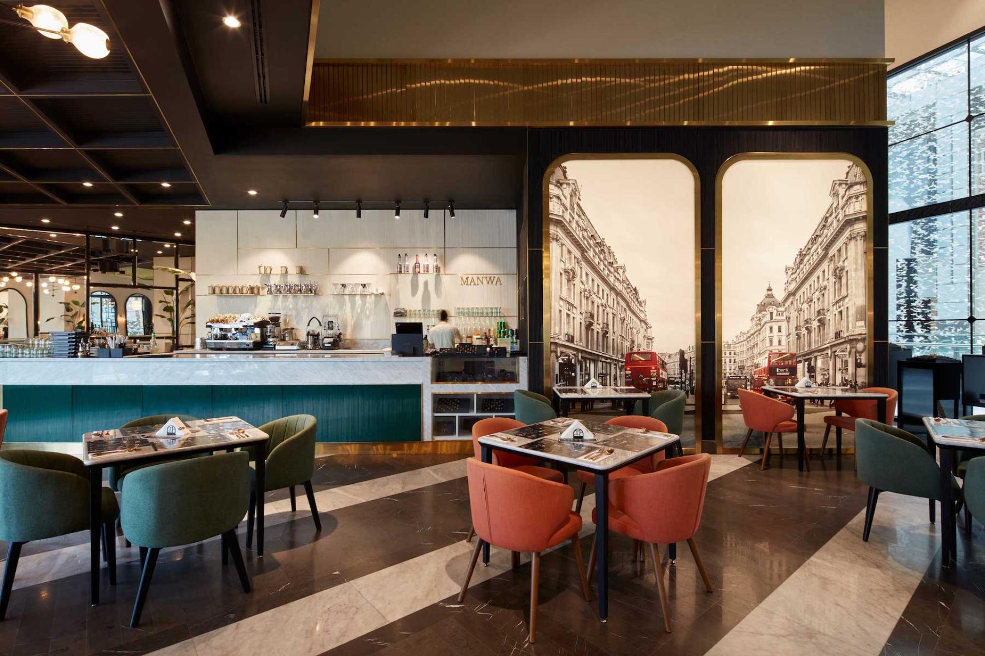 Stylish café interior showcasing modern design elements, emphasizing Dubai's café culture and inviting dining spaces.