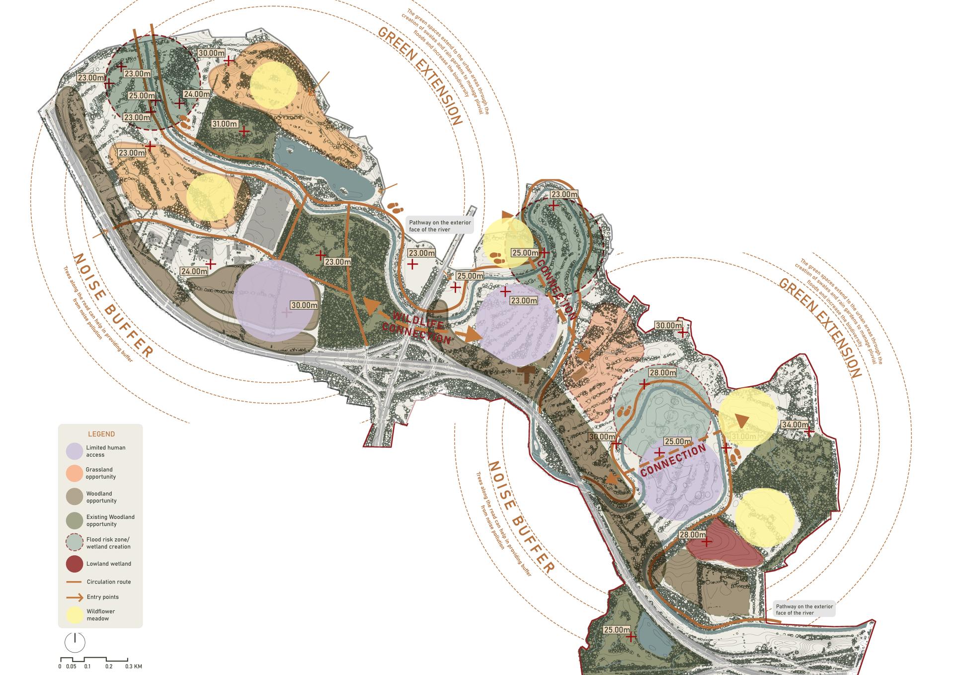 Map showcasing the layout of Manchester School of Art's green extension and noise buffer zones, emphasizing environmental design.