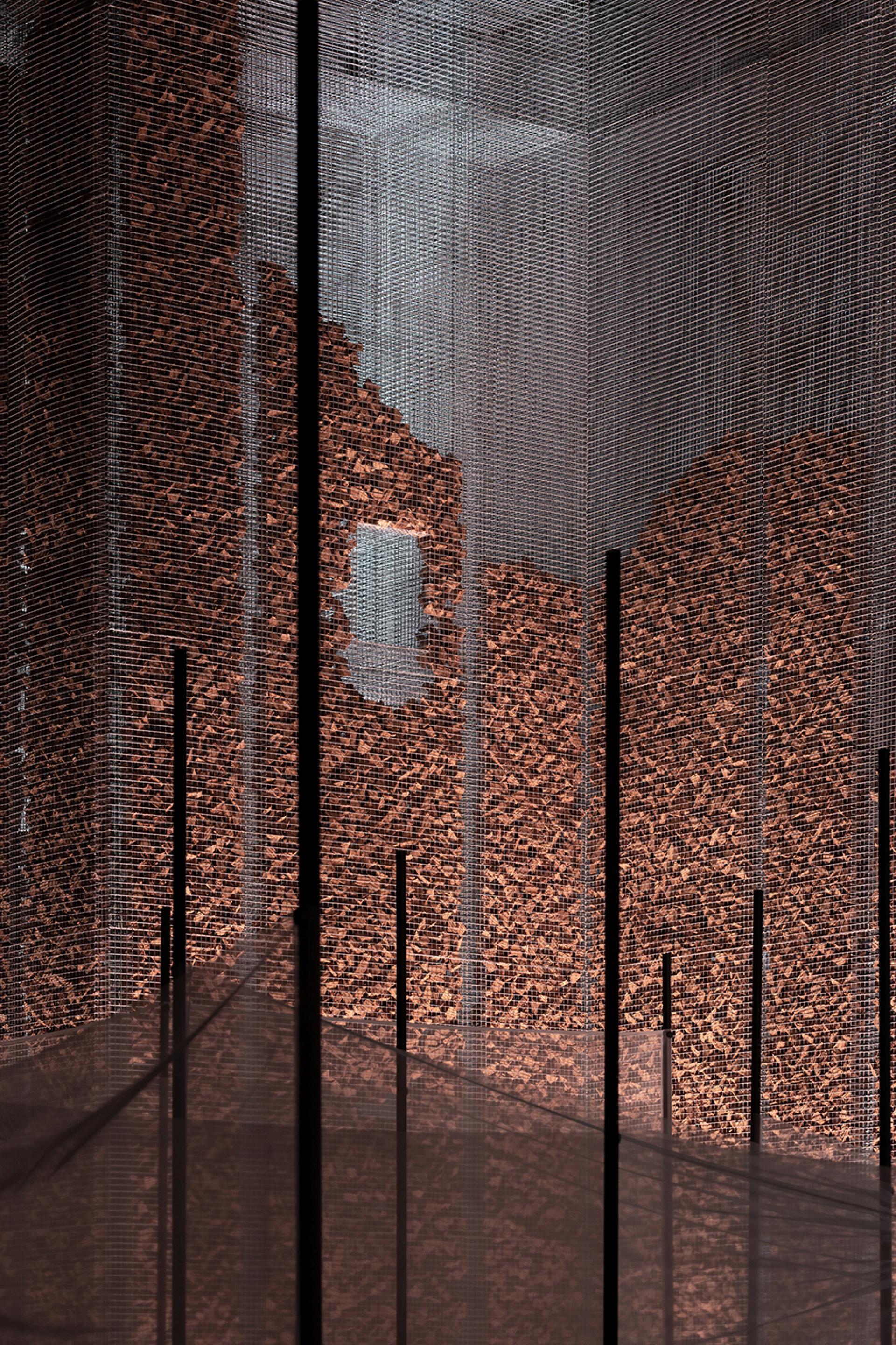 Gharfa installation by Studio Studio Studio features layered mesh and colored materials, showcasing innovative design in Riyadh.