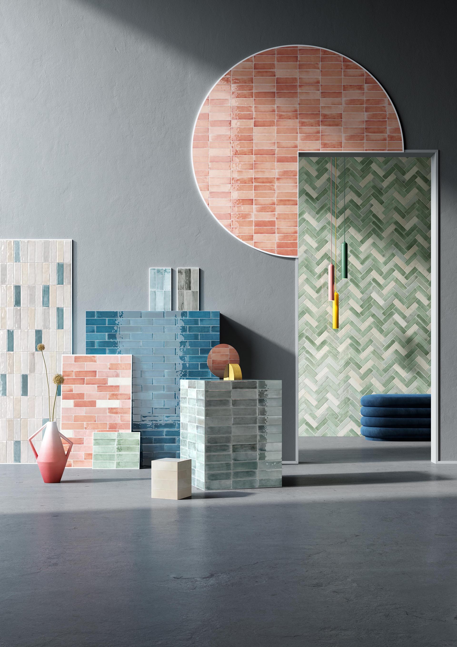 Colorful ceramic tiles showcase Casa Ceramica's innovative designs in a stylish interior setting, reflecting trend leadership and artistry.