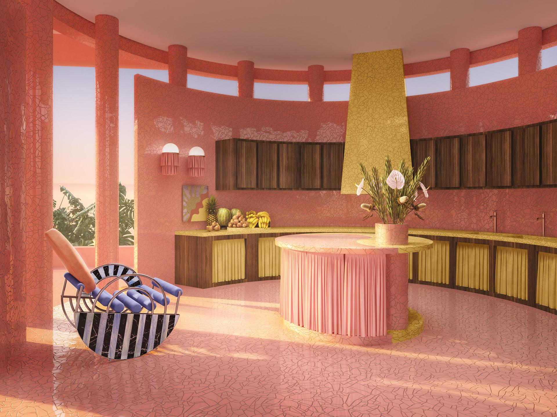 Vibrant kitchen interior featuring unique furniture designs, textured pink surfaces, and floral arrangements by Masquespacio's Mas Creations.