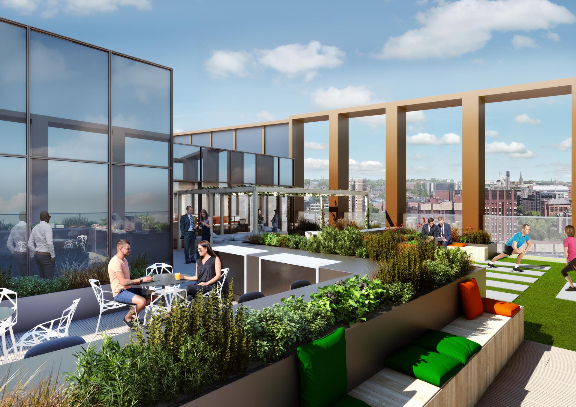 Sustainable rooftop garden at 11 & 12 Wellington Place, showcasing leisure spaces and views of the city skyline.