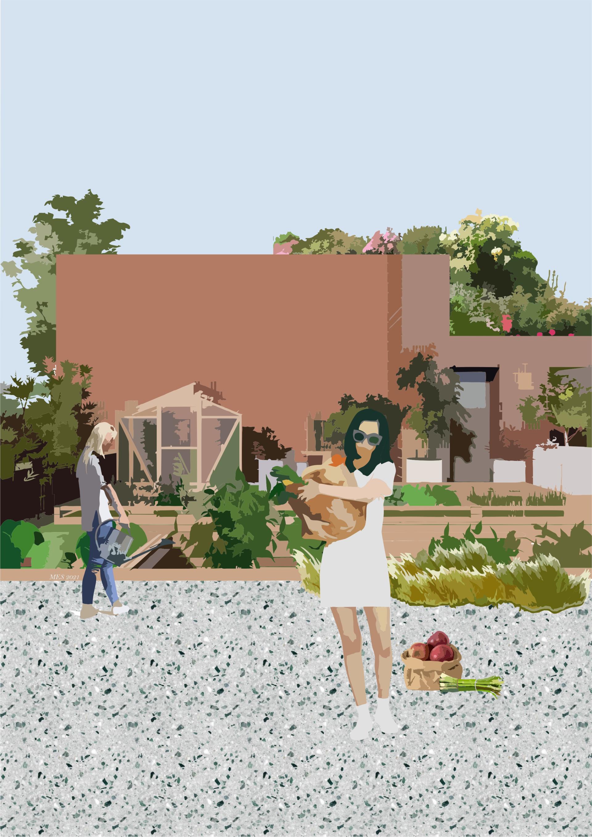 Women engaging in sustainable co-living, showcasing a garden with fresh produce and a modern environmentally-friendly setting.