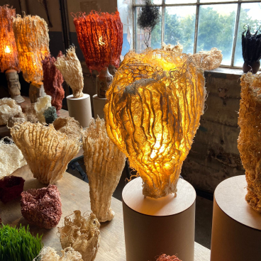 Unique sustainable lamps and decorative vases made from biomaterials, showcased at the LDF22 event.