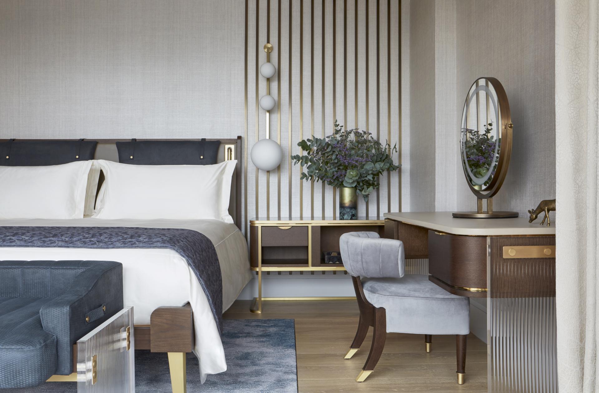 Luxuriously designed penthouse bedroom at Mandarin Oriental London featuring elegant furnishings and modern decor by Joyce Wang Studio.