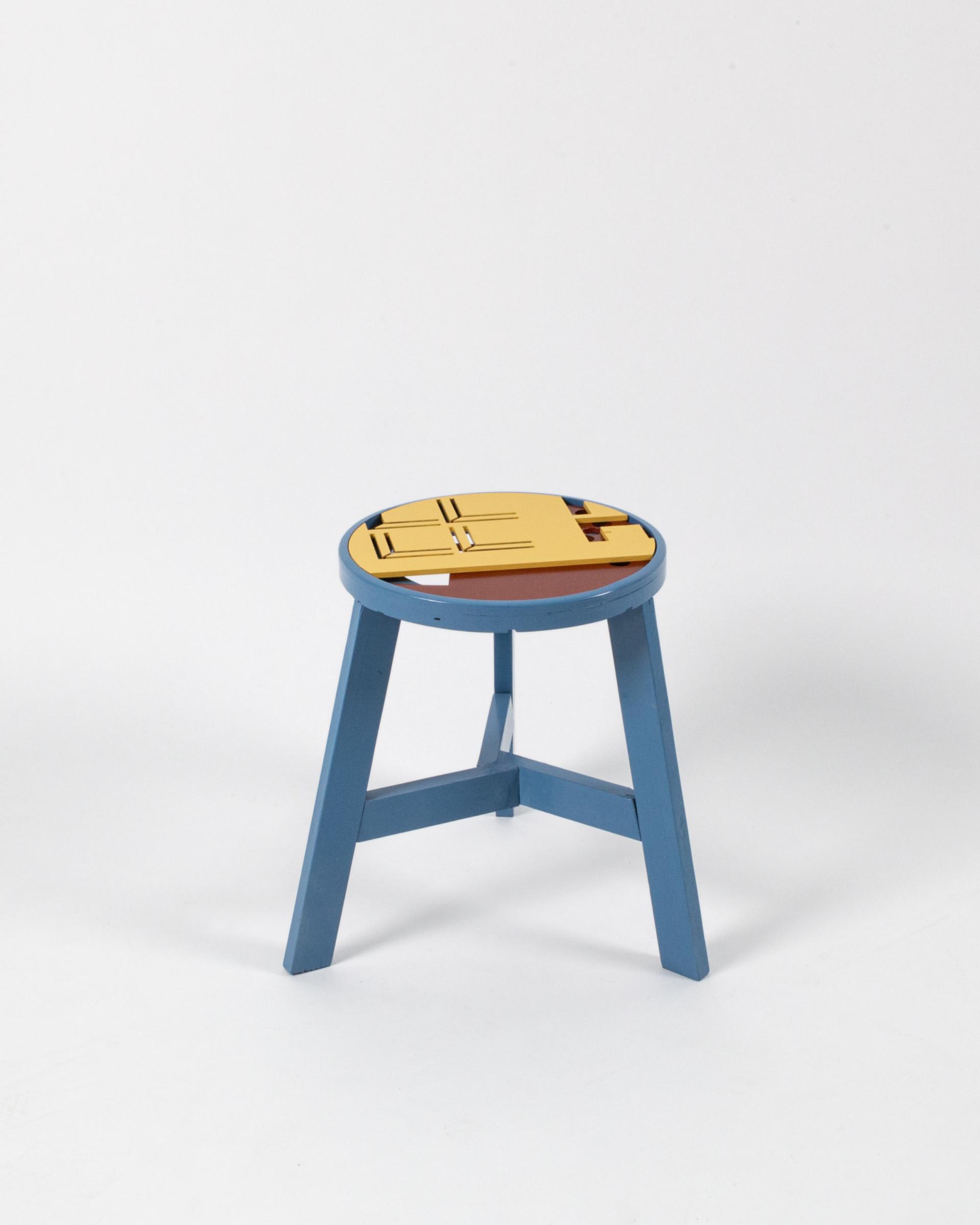 Colorful, contemporary wooden stool designed by Ewan Crallan, showcasing playful creativity and functional craftsmanship.