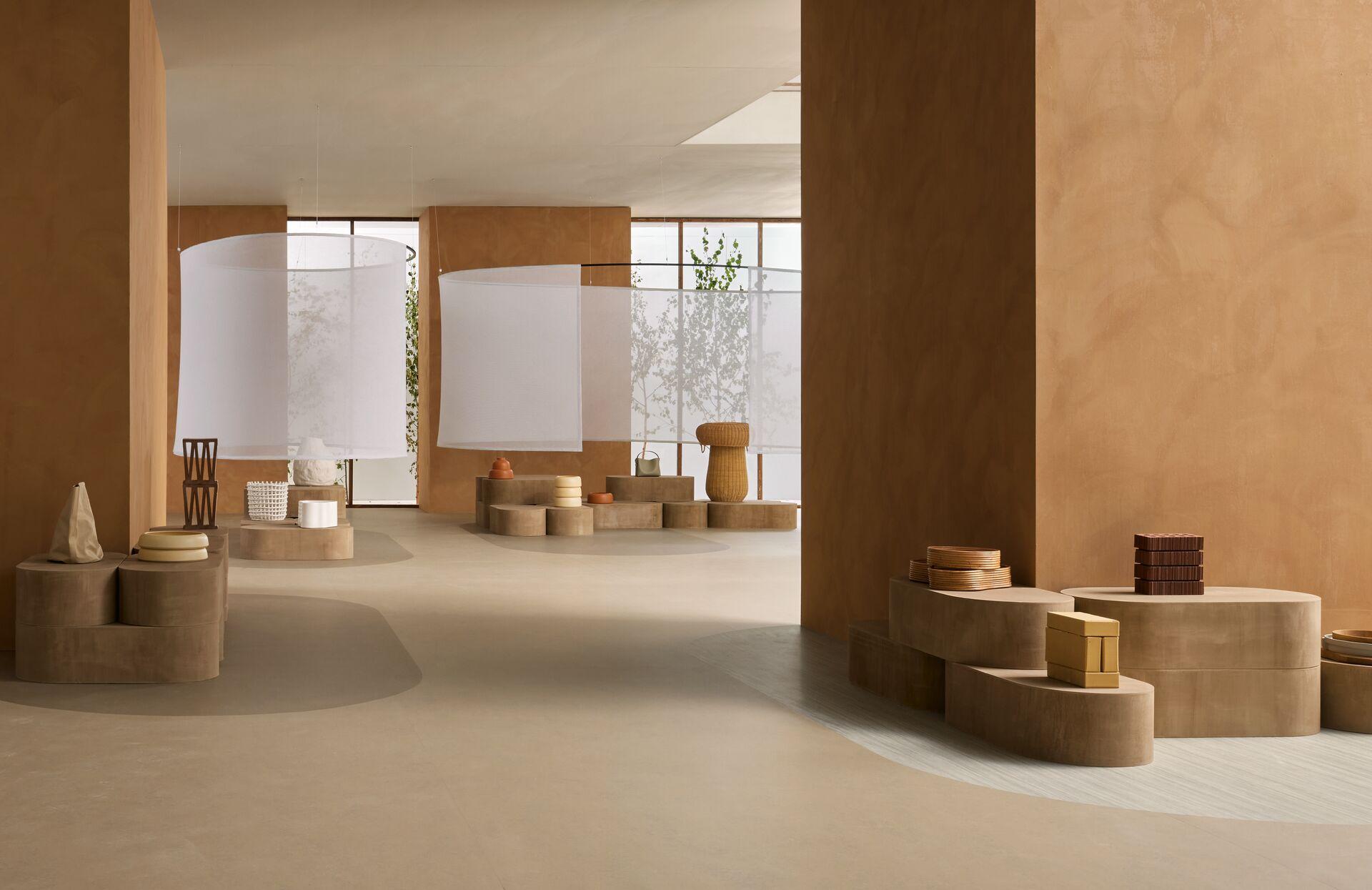 Modern interior showcasing Forbo's Marmoleum Solids collection with natural-inspired decor and earthy color palette.