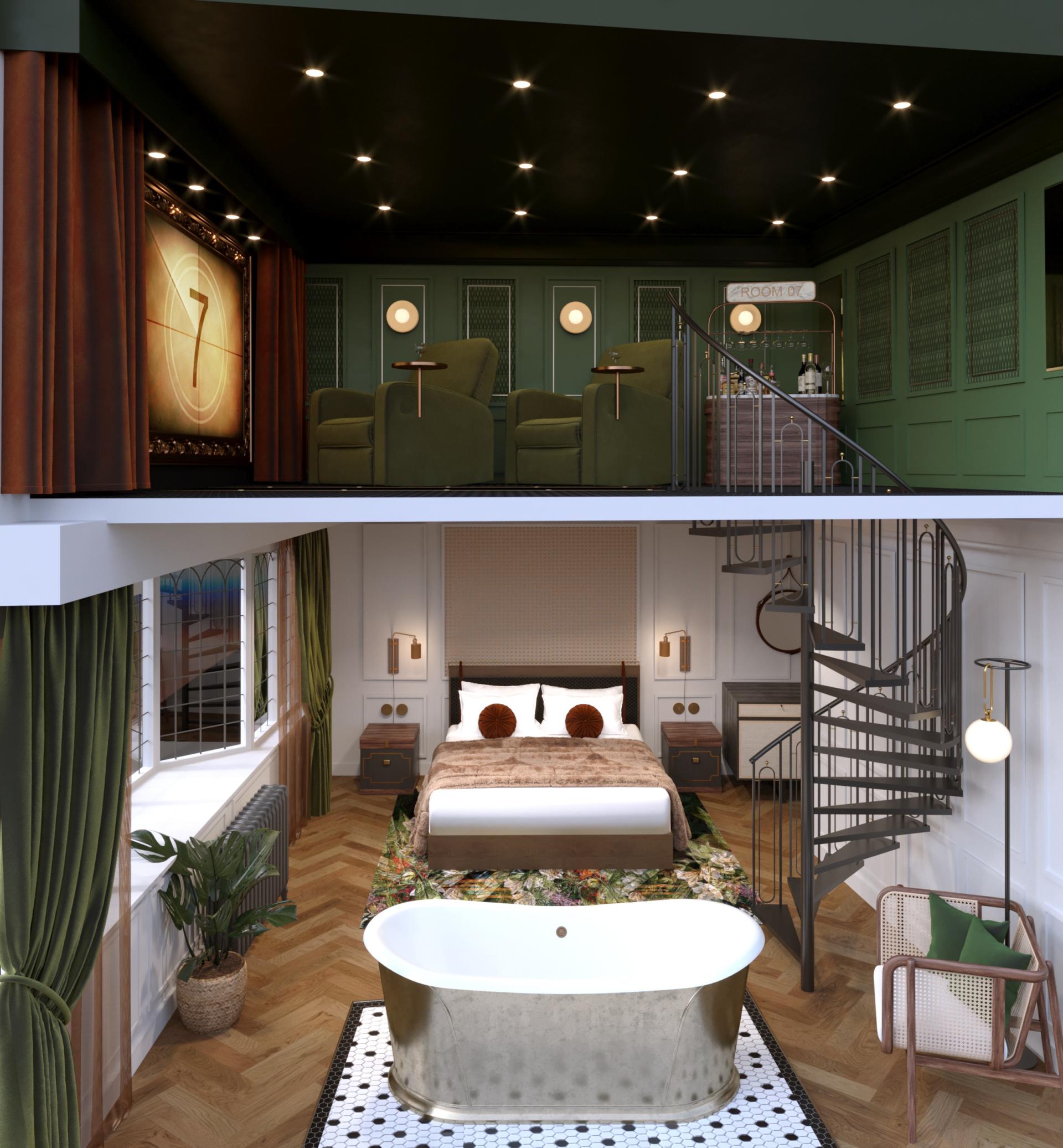 Luxurious hotel suite designed by SpaceInvader, featuring a cozy bedroom, elegant bathroom, and stylish living area.
