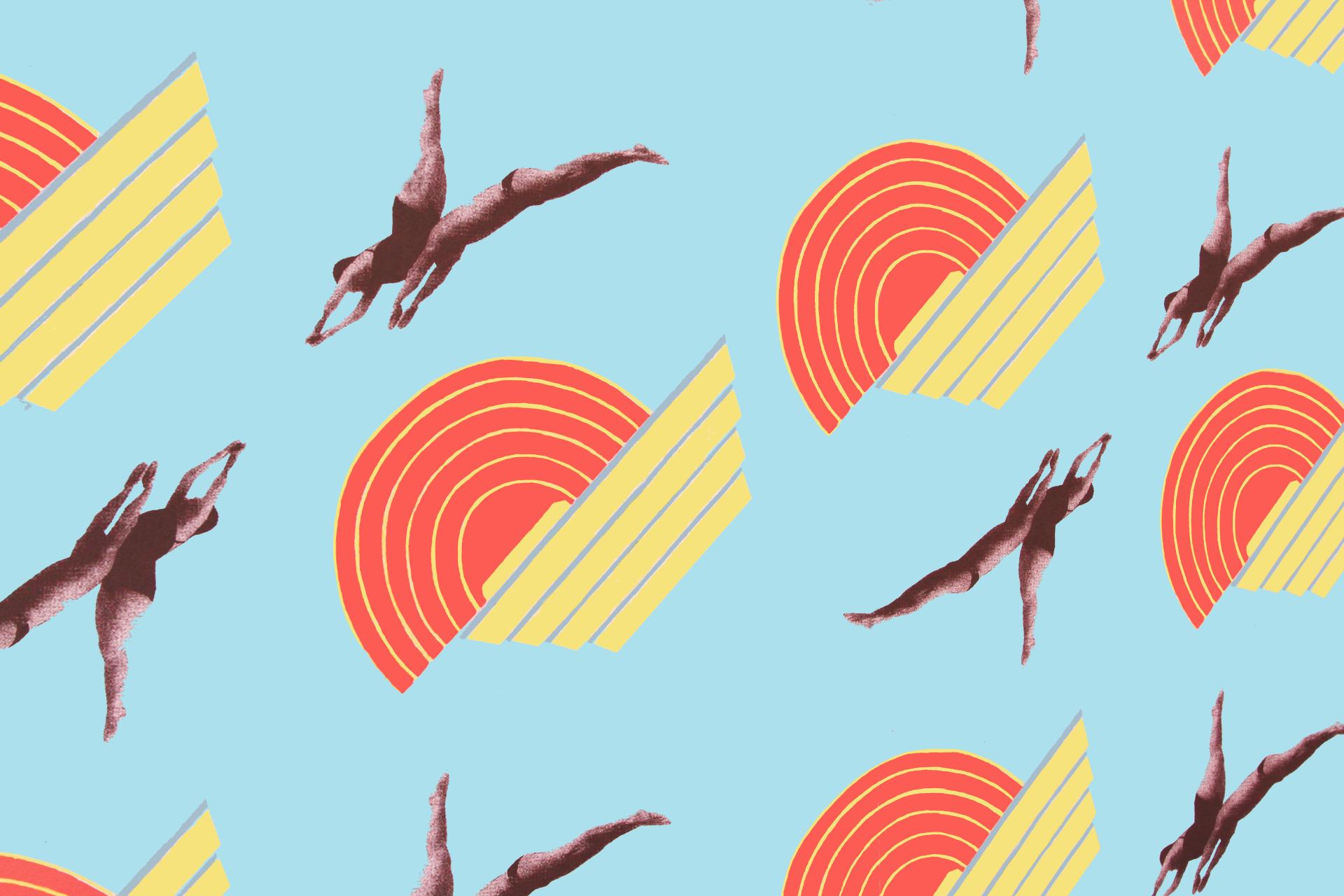 Colorful graphic featuring swimmers and sun motifs, reflecting Jenny Steele's artistic exploration of northern seaside towns.
