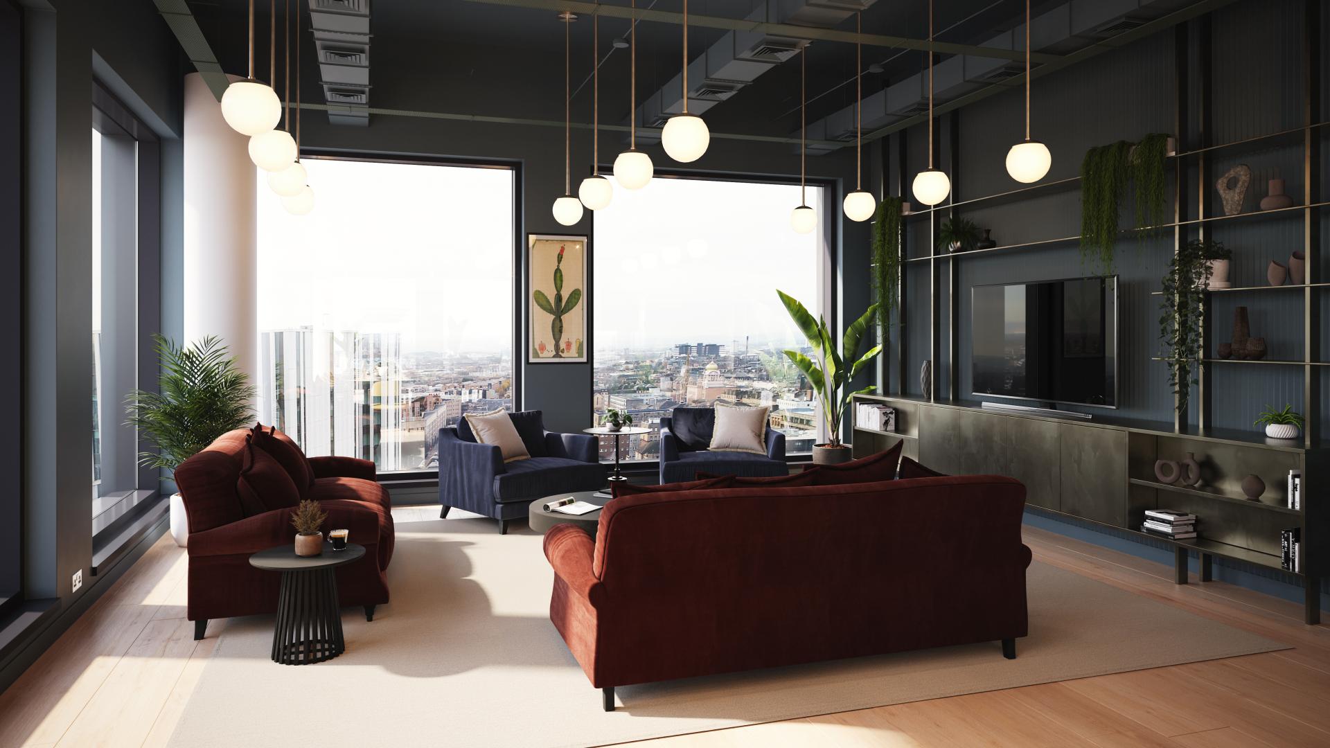 Stylish communal lounge in Holland Park, Glasgow, featuring modern furniture and panoramic city views.