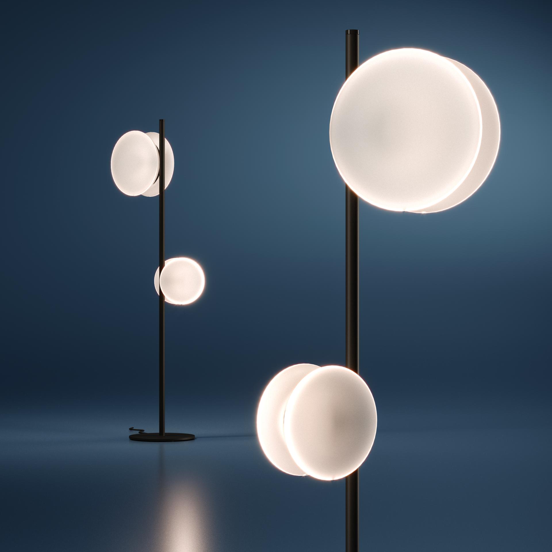 Modern standing lamps with spherical glass designs illuminate a minimalist space, showcasing Fabbian's innovative lighting approach.