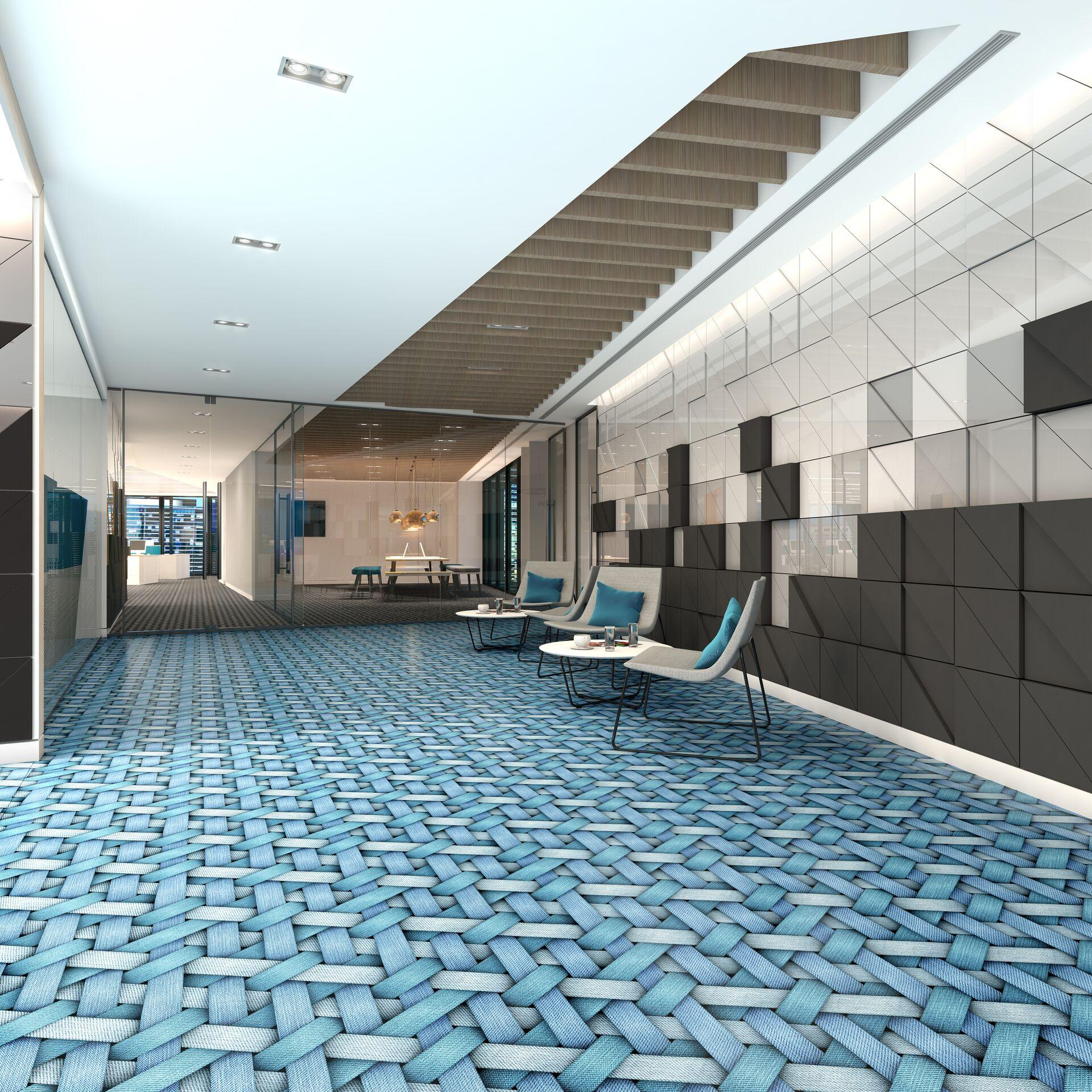 Stylish interior featuring Mac Stopa's blue woven flooring design, complemented by modern seating and geometric wall textures.