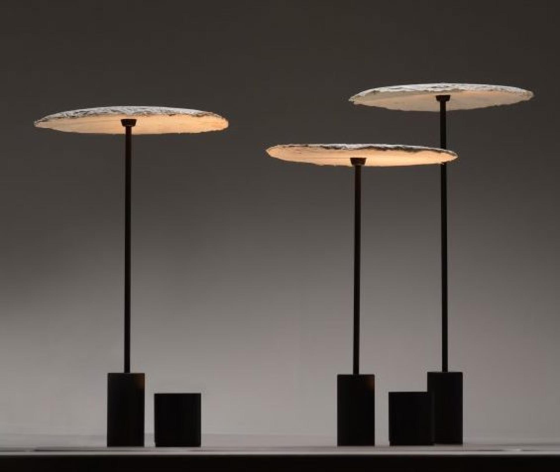 Elegant modern lamps with round, textured shades and sleek black stands, highlighting innovative design aesthetics.