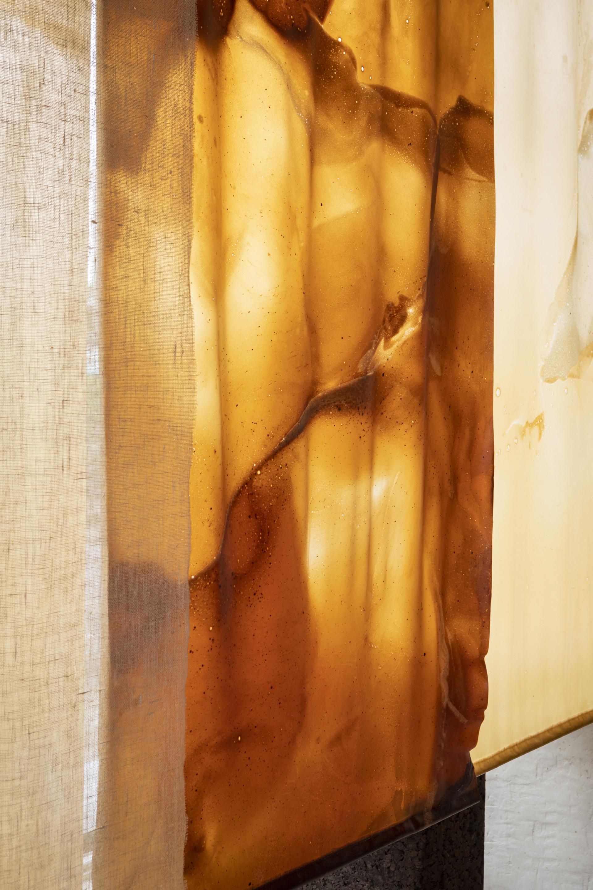 Translucent panels made from salvaged materials feature warm amber tones, showcasing circular design principles in the big. store concept.