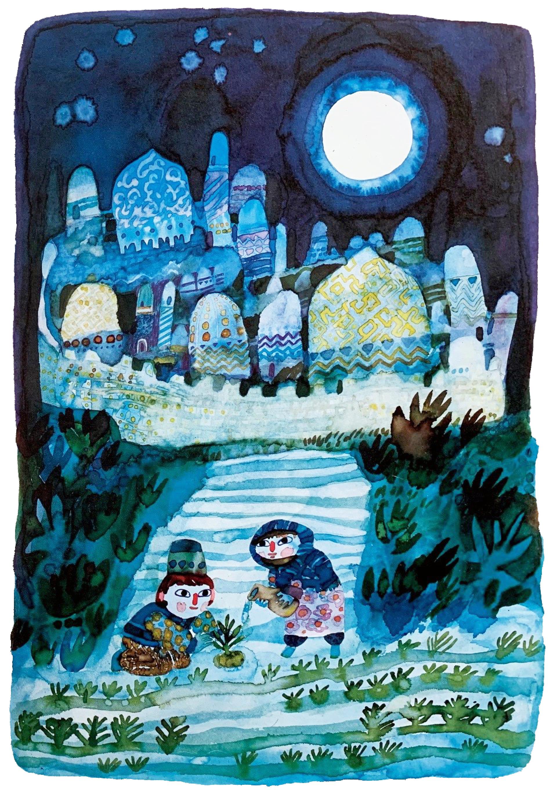 Two children nurturing a plant at night under a full moon, reflecting themes of sustainability and kindness in nature.