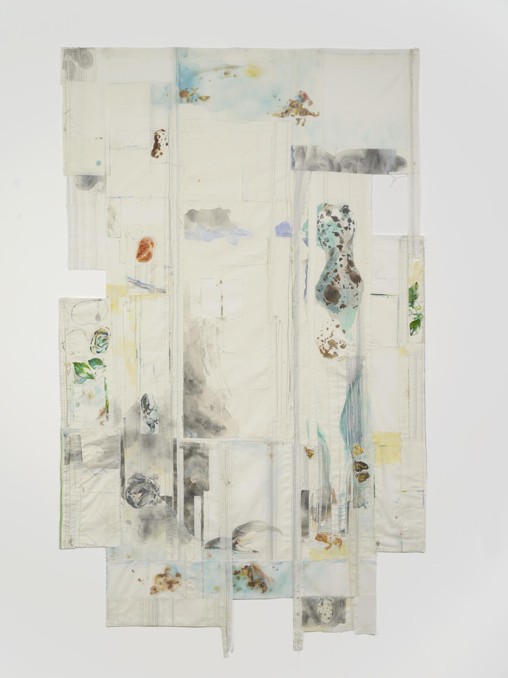 Abstract textile artwork featuring colorful patterns and textures, illustrating innovative materials that raise climate change awareness.