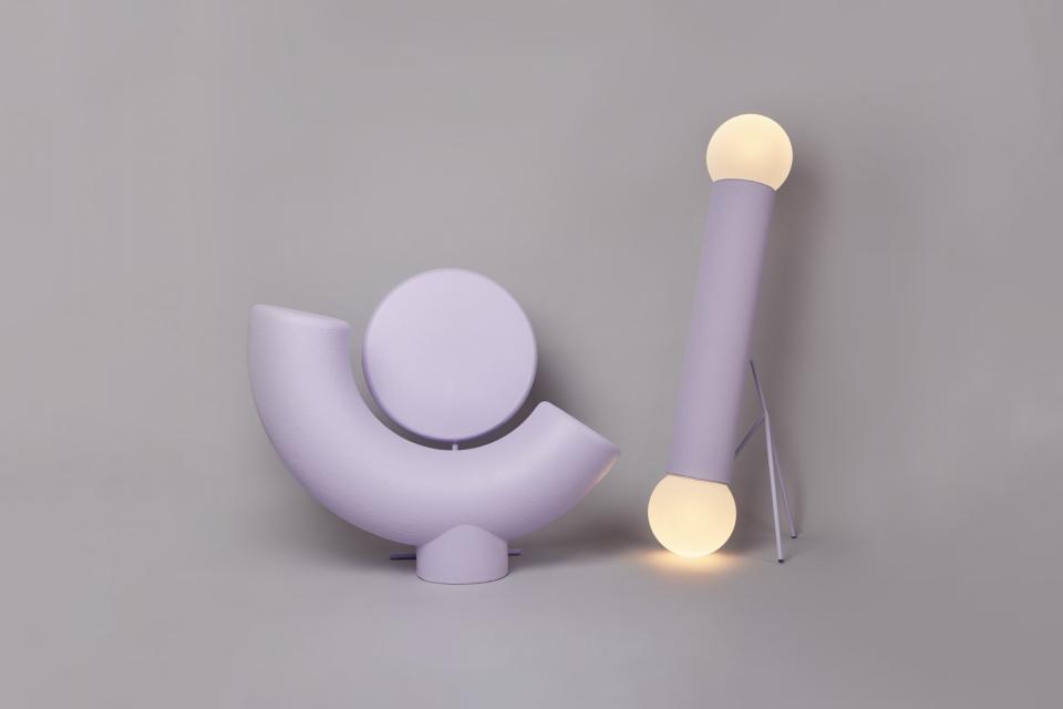 Three modern light fixtures in lavender hues, showcasing playful designs inspired by friendship in Mas Creations collection.