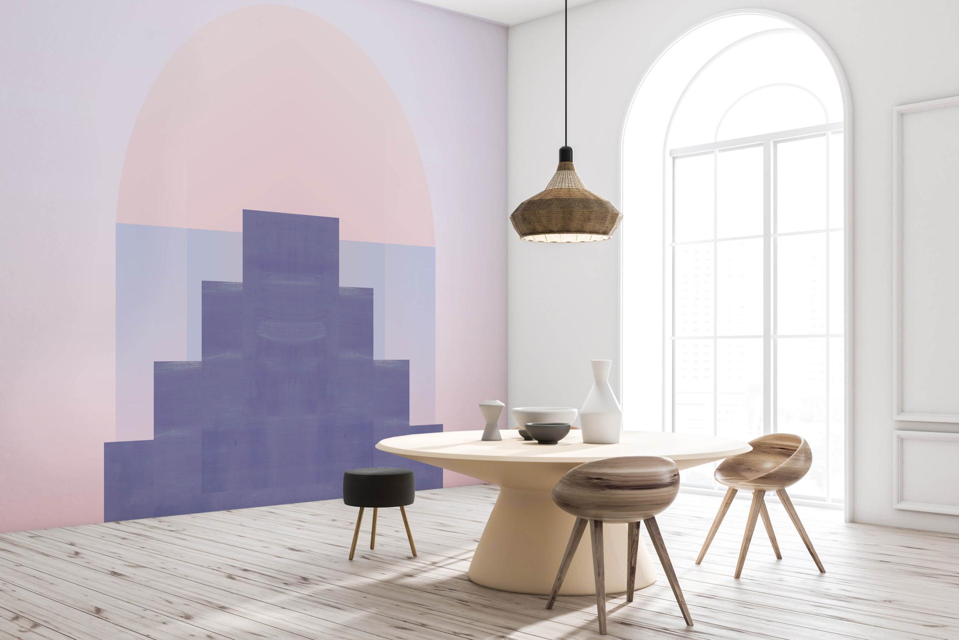 Stylish commercial interior featuring Newmor wallcovering with a contemporary geometric design, modern furniture, and abundant natural light.