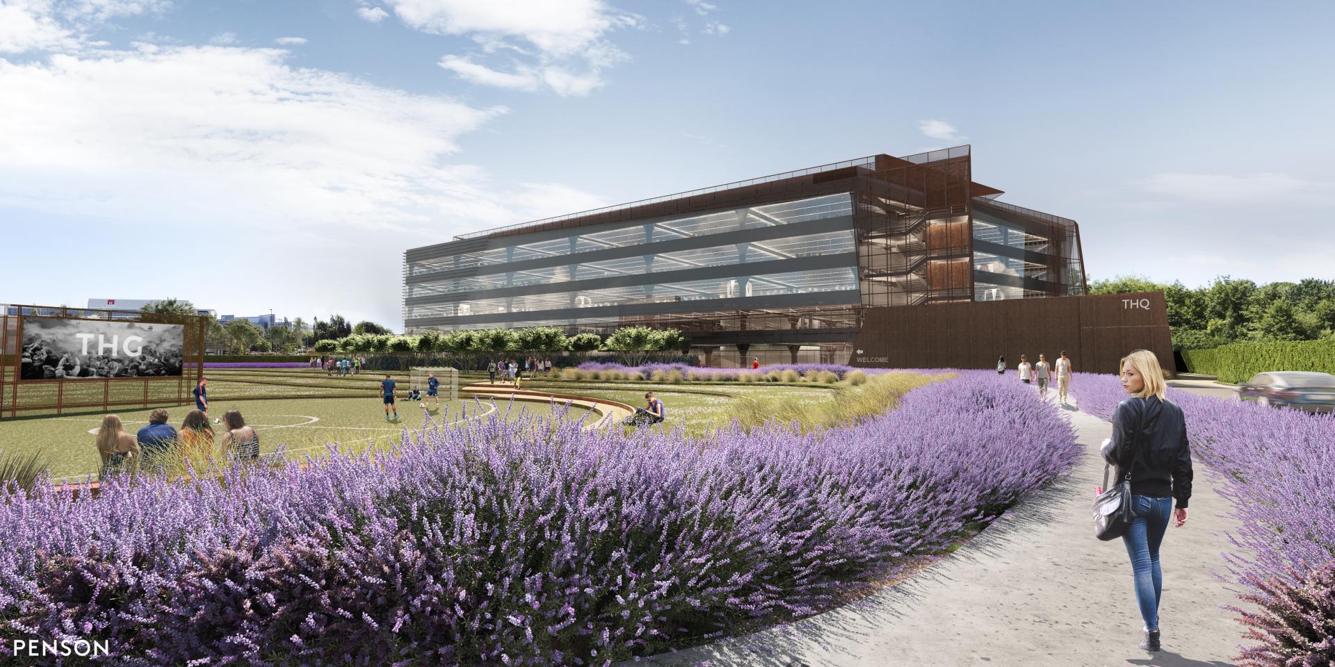 Modern architectural design featuring the THQ building surrounded by landscaped grounds and vibrant lavender flowers.