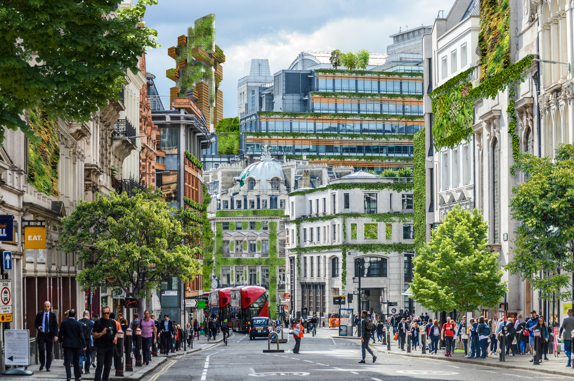 Eco-friendly city street with greenery-covered buildings, showcasing urban sustainability and pedestrian activity in a vibrant urban setting.