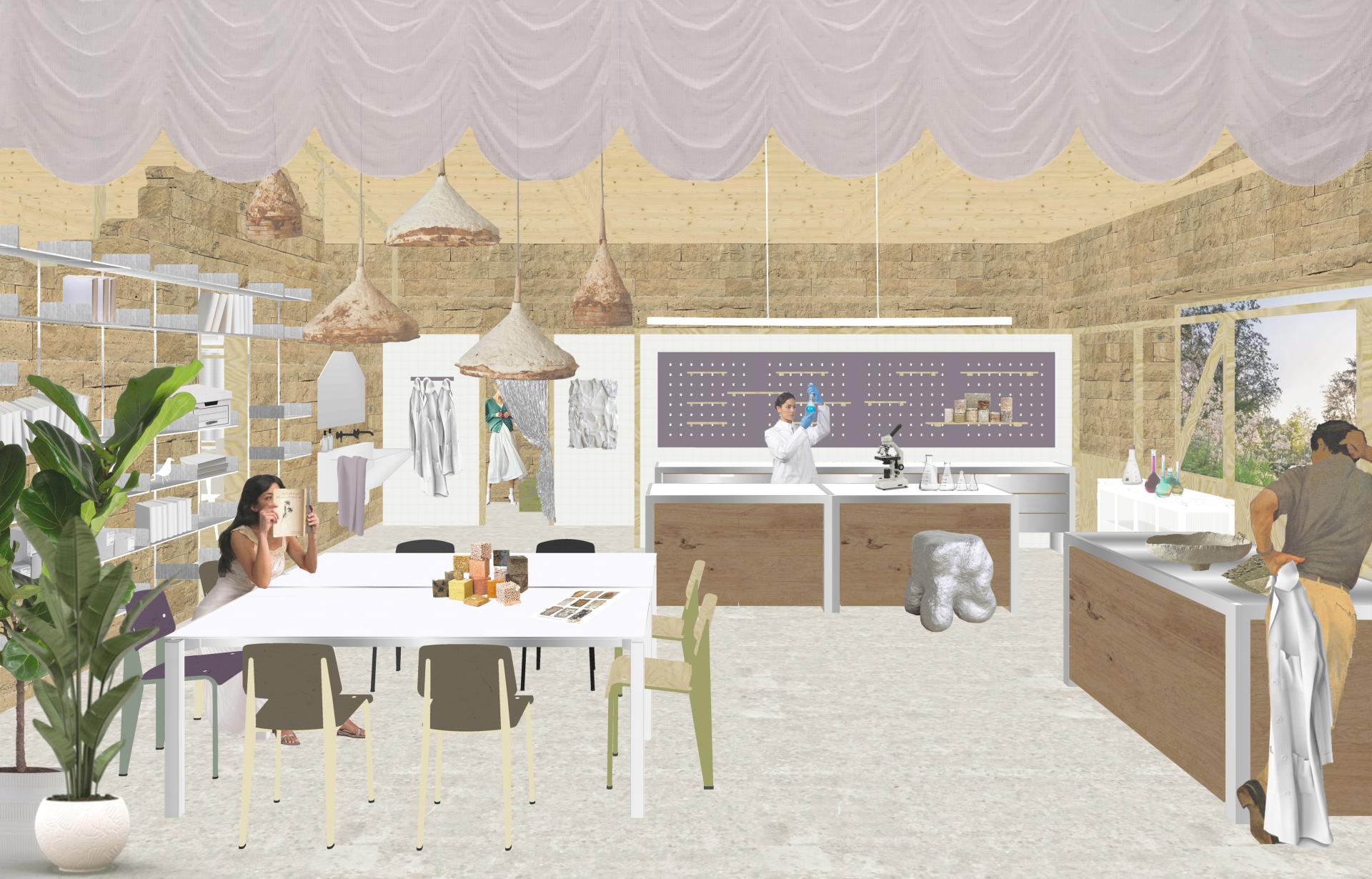 Contemporary design studio featuring students engaged in material exploration with various textures and innovative displays.