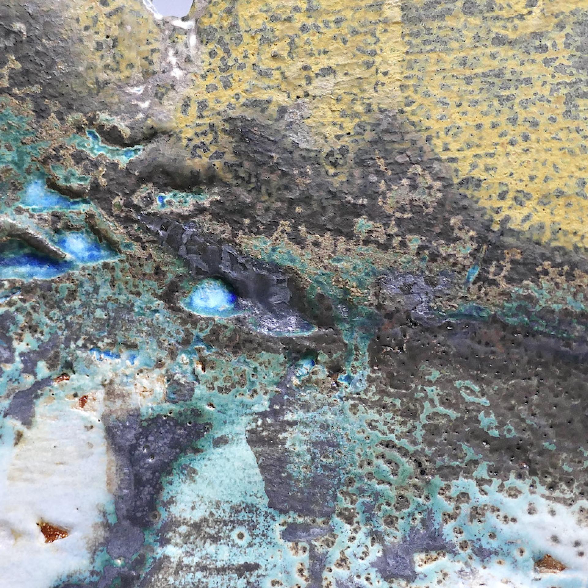 Textured abstract art piece showcasing vibrant blues, greens, and yellows, representing creative craft in Nottingham.