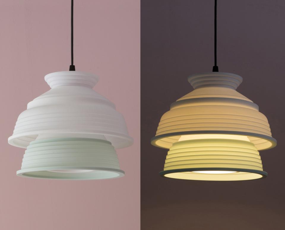 SowdenLight SHADES collection features modern lamps with layered designs, showcasing multiple color configurations and illumination options.