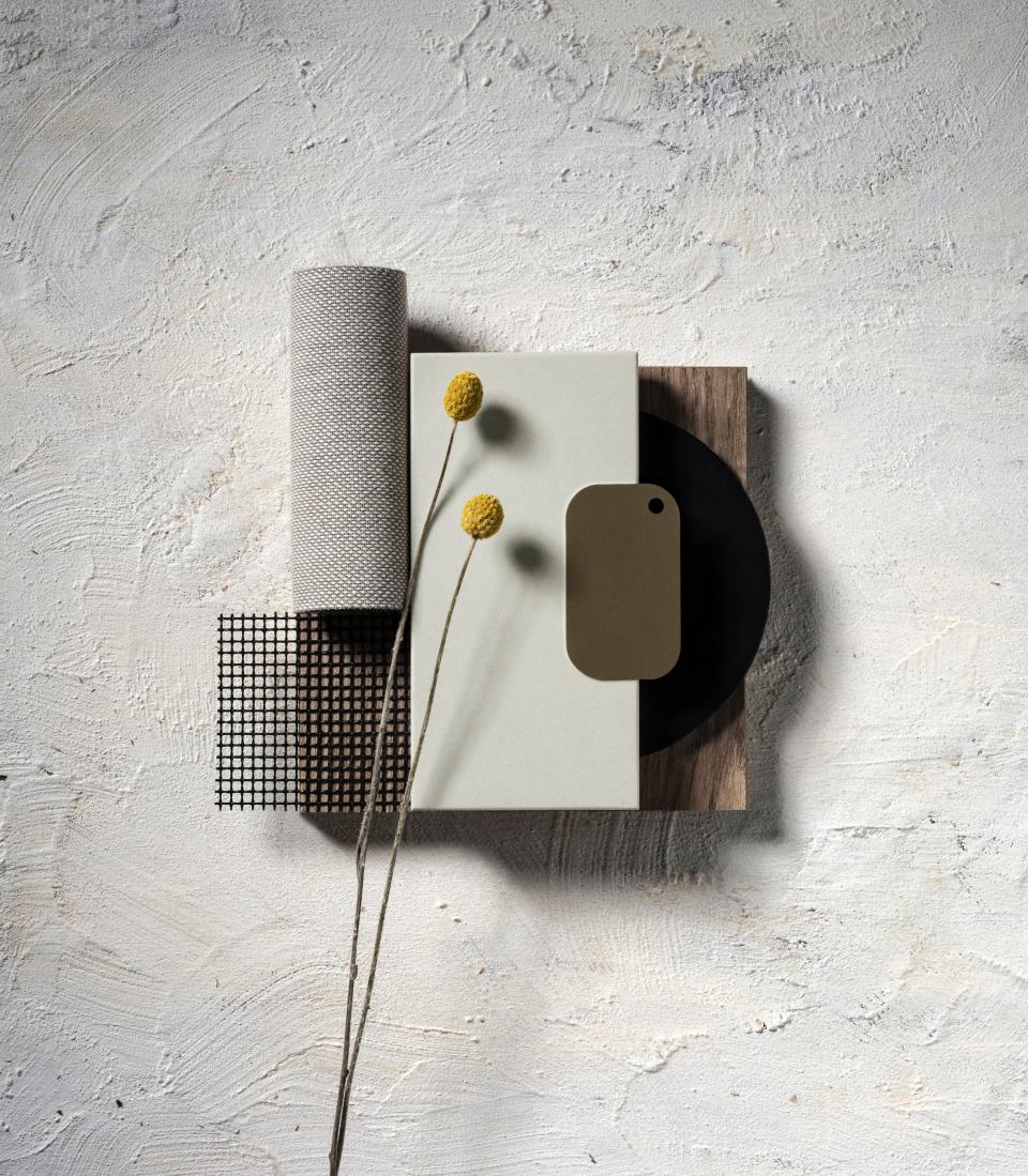 Natural materials and textures arranged artistically, showcasing Silestone Sunlit Days collection's sustainable design and aesthetic appeal.