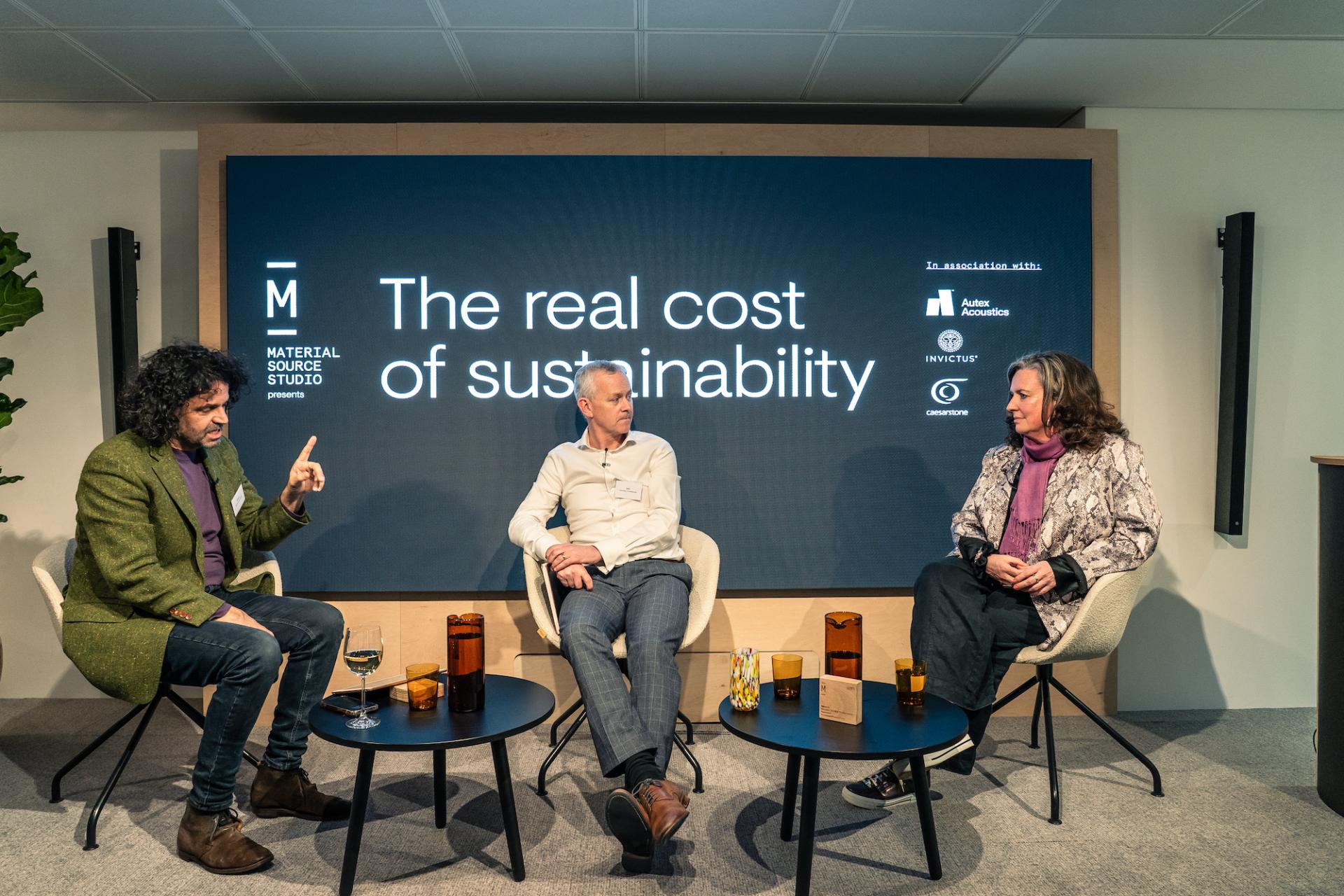 Panel discussion at Material Source Studio Glasgow about the real cost of sustainability, featuring three speakers.