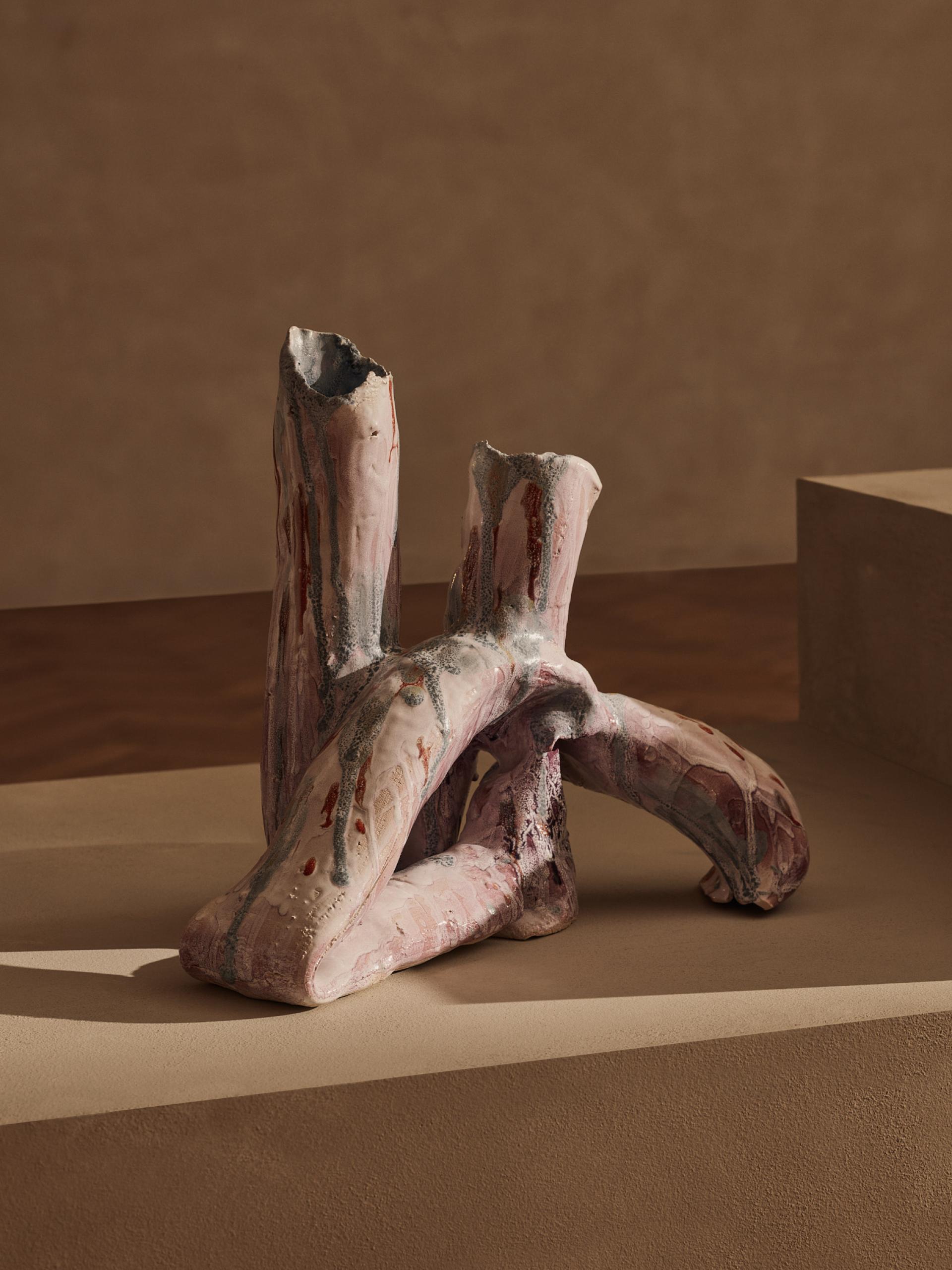 Contemporary ceramic sculpture with organic shapes, showcasing unique textures and colors, featured at the 2024 Collect fair.