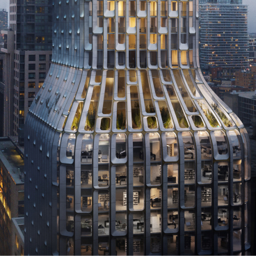 Architectural view of BDP Quadrangle's innovative 55 Yonge Street building design in Toronto’s financial district.