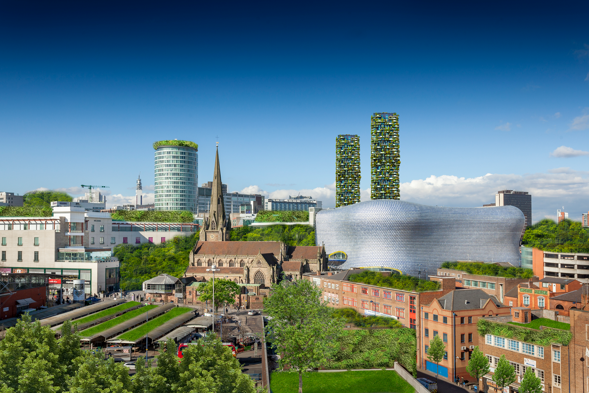 Urban landscape featuring eco-friendly buildings, green roofs, and historical architecture, reflecting sustainable design in city centers.