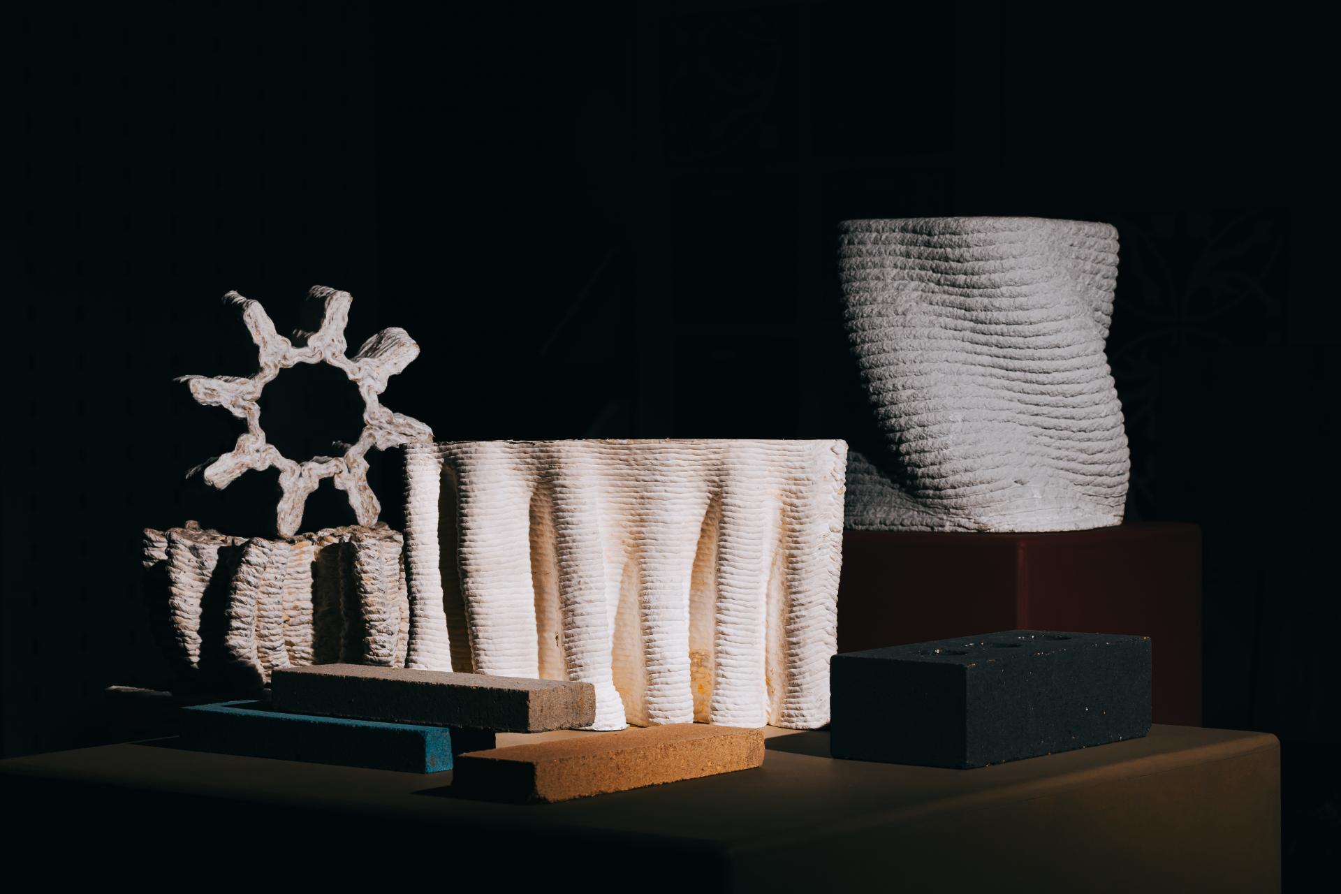 Unique sculptures and materials created from bio and by-products, showcased at the exhibition, highlighting sustainable design innovation.